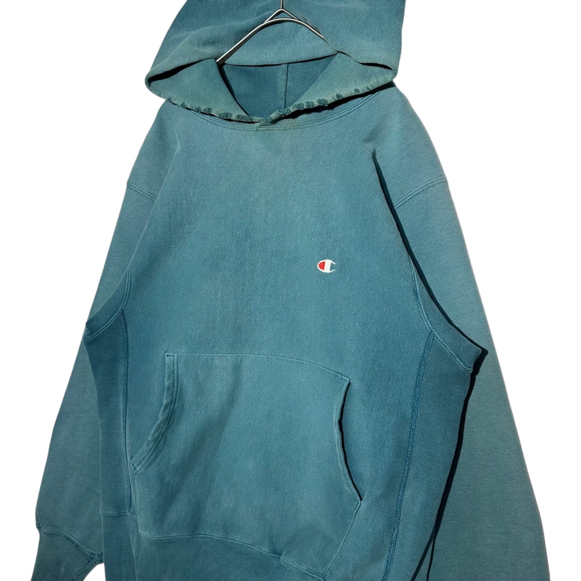 Champion(チャンピオン) 90's Reverse Weave Fade Blue Pullover Hoodie Parka 90年代 リバースウィーブ フェードブルー プルオーバー フーディー パーカー M(実寸M~L程度) フェードブルー(ターコイズに近い) ヴィンテージ