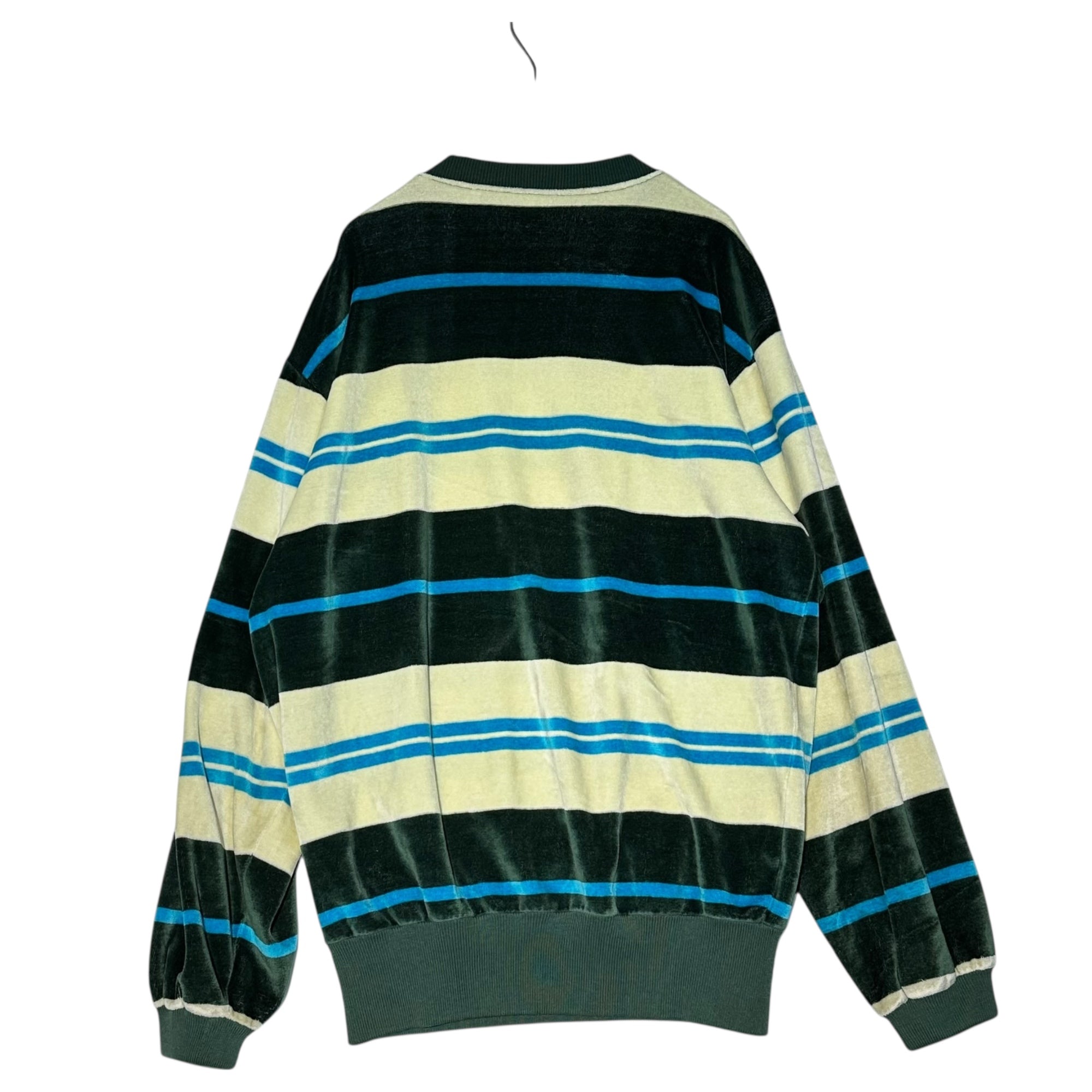 HANG TEN(ハンテン) 70's USA made Border Velour Logo Embroidered Sweatshirt ボーダー ベロア ロゴ 刺繍 スウェット L グリーン×ブルー×ホワイト 70年代~ USA製 オールドサーフ