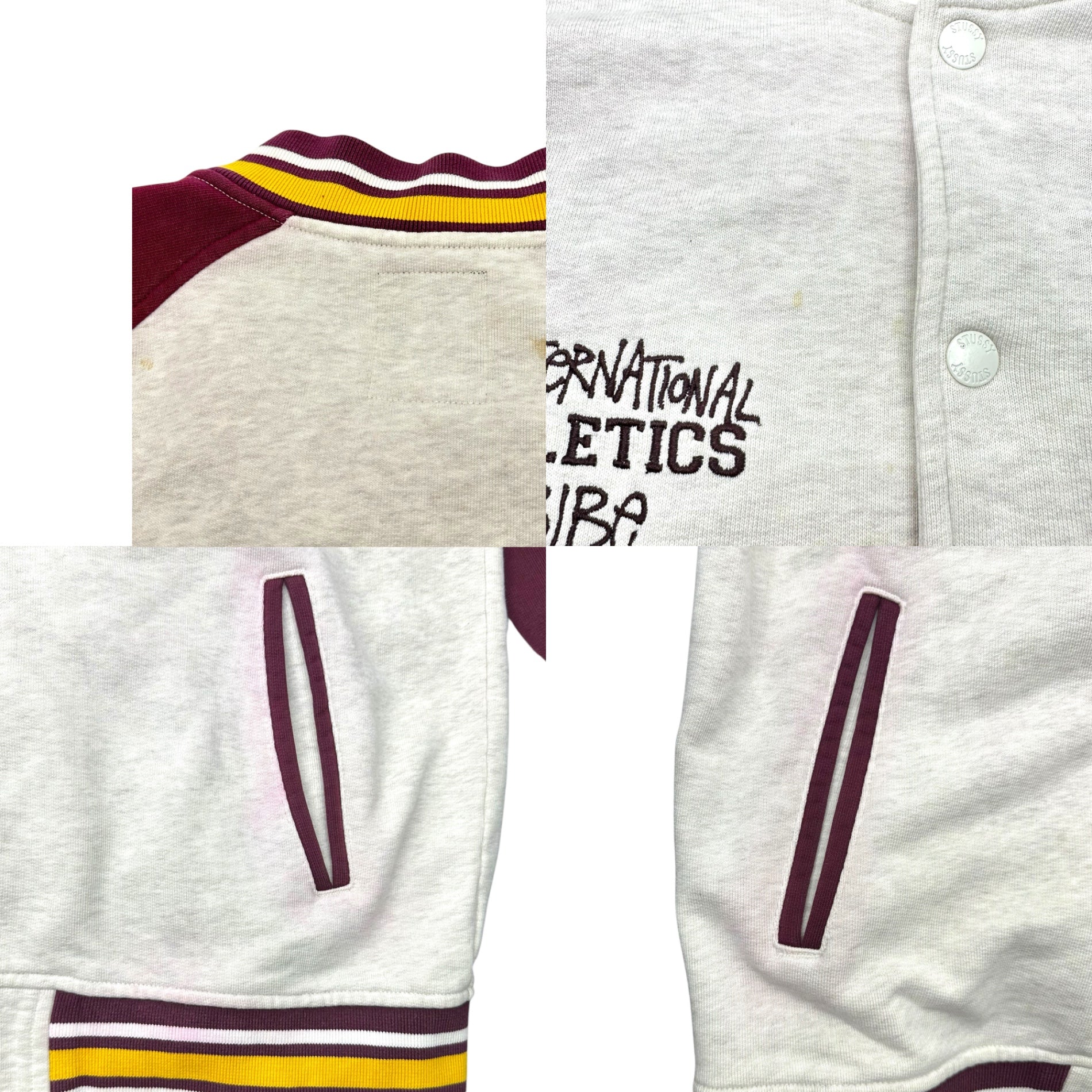 STUSSY(ステューシー) Cotton Sweatshirt Stadium Jacket コットン スウェット スタジアム ジャケット L ホワイト×ボルドー THE INTERNATIONAL ATHLETICS スタジャン