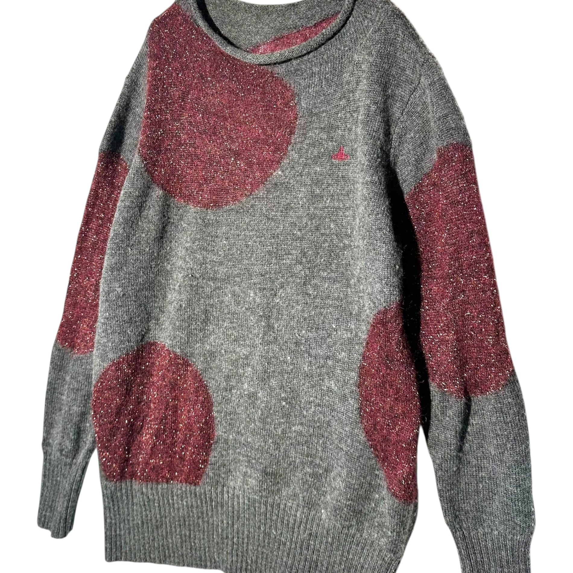 Vivienne Westwood RED LABEL(ヴィヴィアンウエストウッドレッドレーベル) Chest One-point Embroidery Large Dot Long Sleeve Knit 胸 ワンポイント 刺繍 大判ドット 長袖 ニット 16-03-152012 M グレー×ボルドー