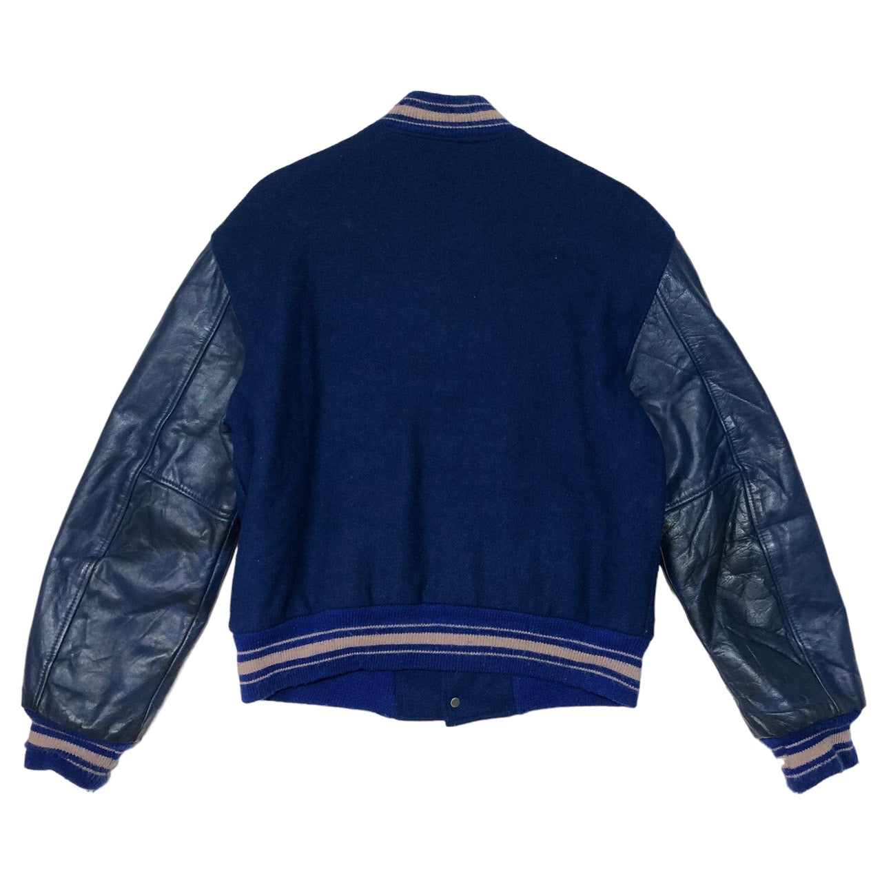 TROPHY JACKETS (トロフィージャケット) 80's~90's ヴィンテージ袖レザースタジャン/ジャケット/ブルゾン Mサイズ程度 ダークネイビー×ブルー USA製/80年代~90年代