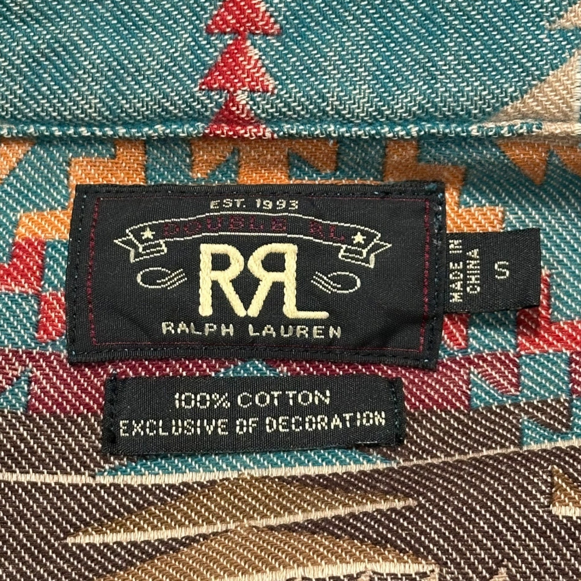 RRL(ダブルアールエル) NATIVE JACQUARD OVER SHIRT ネイティブ柄 コットン ジャガード エルボーパッチ シャツ ジャケット S ターコイズブルー×ブラウン