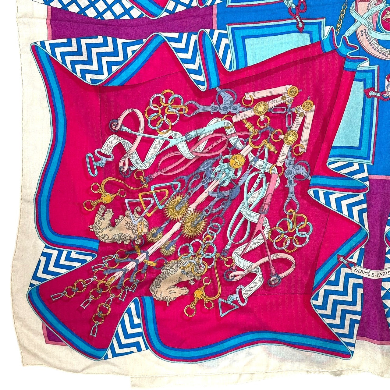 HERMES(エルメス) ”BOUQUETS SELLIER” Carre 140 ”鞍職人の花束” カレ 140 ピンク×ブルー カシミア シルク 大判 ストール スカーフ