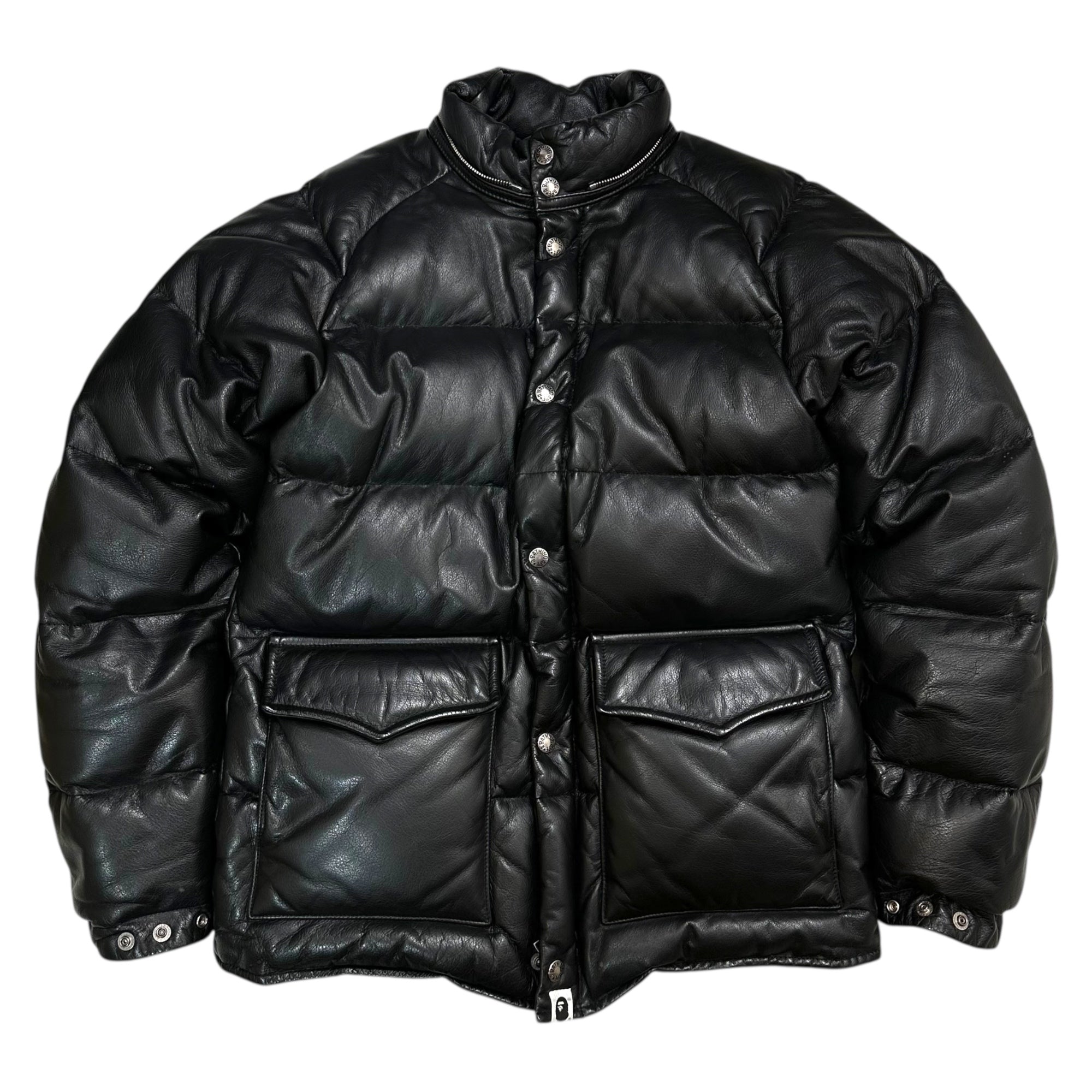 A BATHING APE(アベイシングエイプ) 00's Racoon Fur Embellished Cow Leather Down Jacket ラクーン ファー 装飾 カウレザー ダウン ジャケット S ブラック×ベージュ