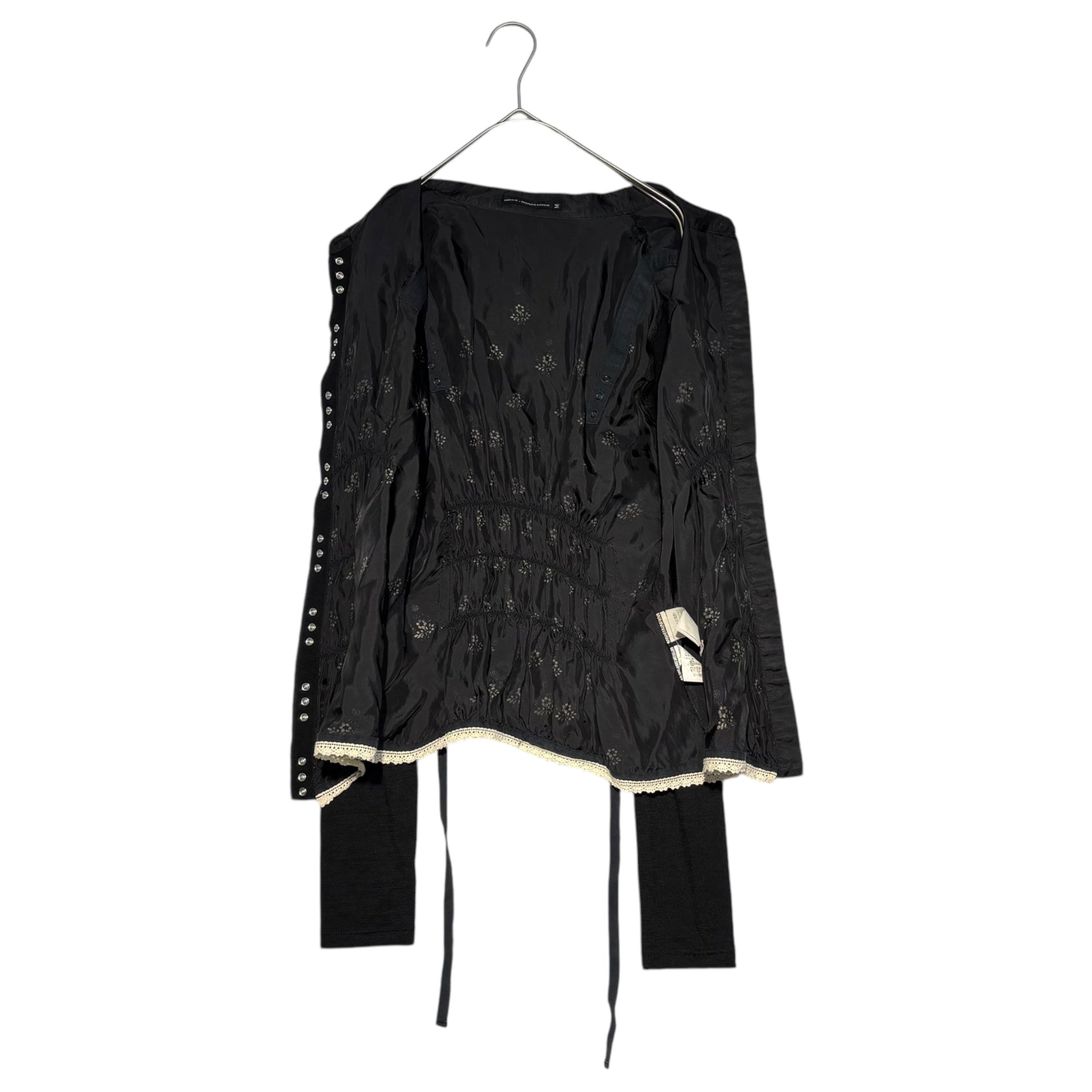 MARITHE FRANCOIS GIRBAUD(マリテフランソワジルボー) 00's Gathered Knit Sleeve Cupra Blouse ギャザー ニットスリーブ キュプラ シャツ ブラウス F7-5909 M ブラック Y2K