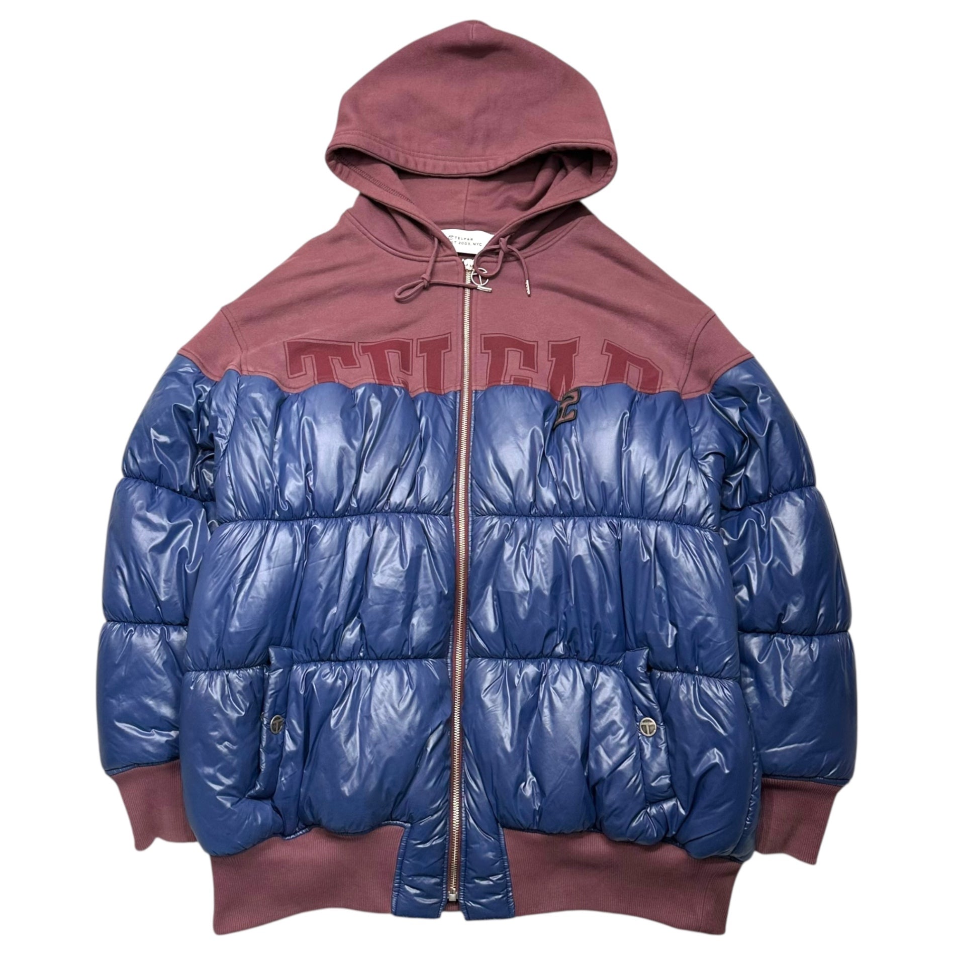 TELFAR(テルファー) Insulated Docking Zip-Up Hoodie 中綿 ドッキング ジップアップ パーカー フーディ fw20-pf-03-0xbl FREE バーガンディ×ブルー