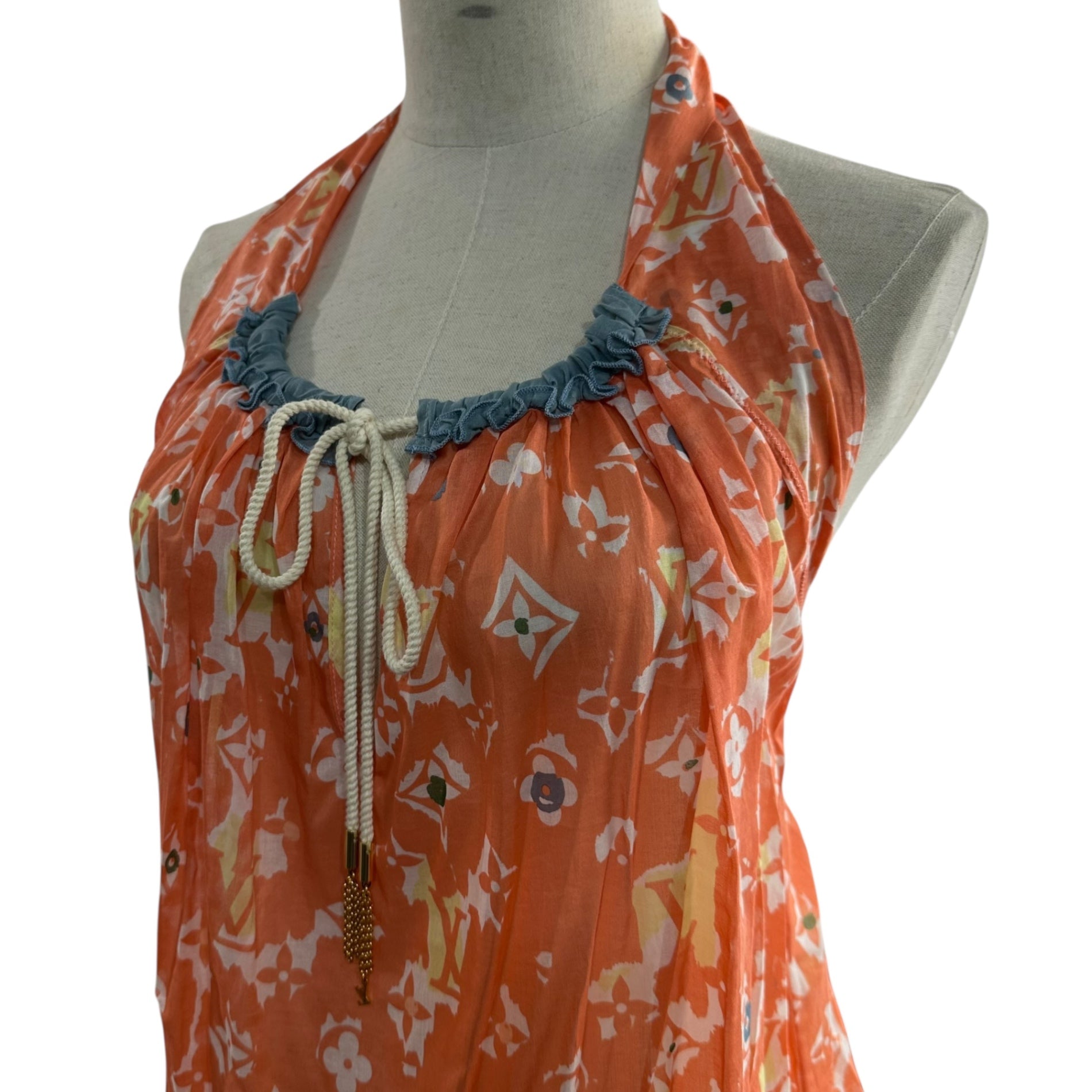 LOUIS VUITTON(ルイヴィトン) Halter-Neck Monogram Mini Dress ホルターネック モノグラム ミニ ワンピース RW101W WQDR04BHA 34 オレンジ×スカイブルー×ホワイト ノースリーブ ドレス