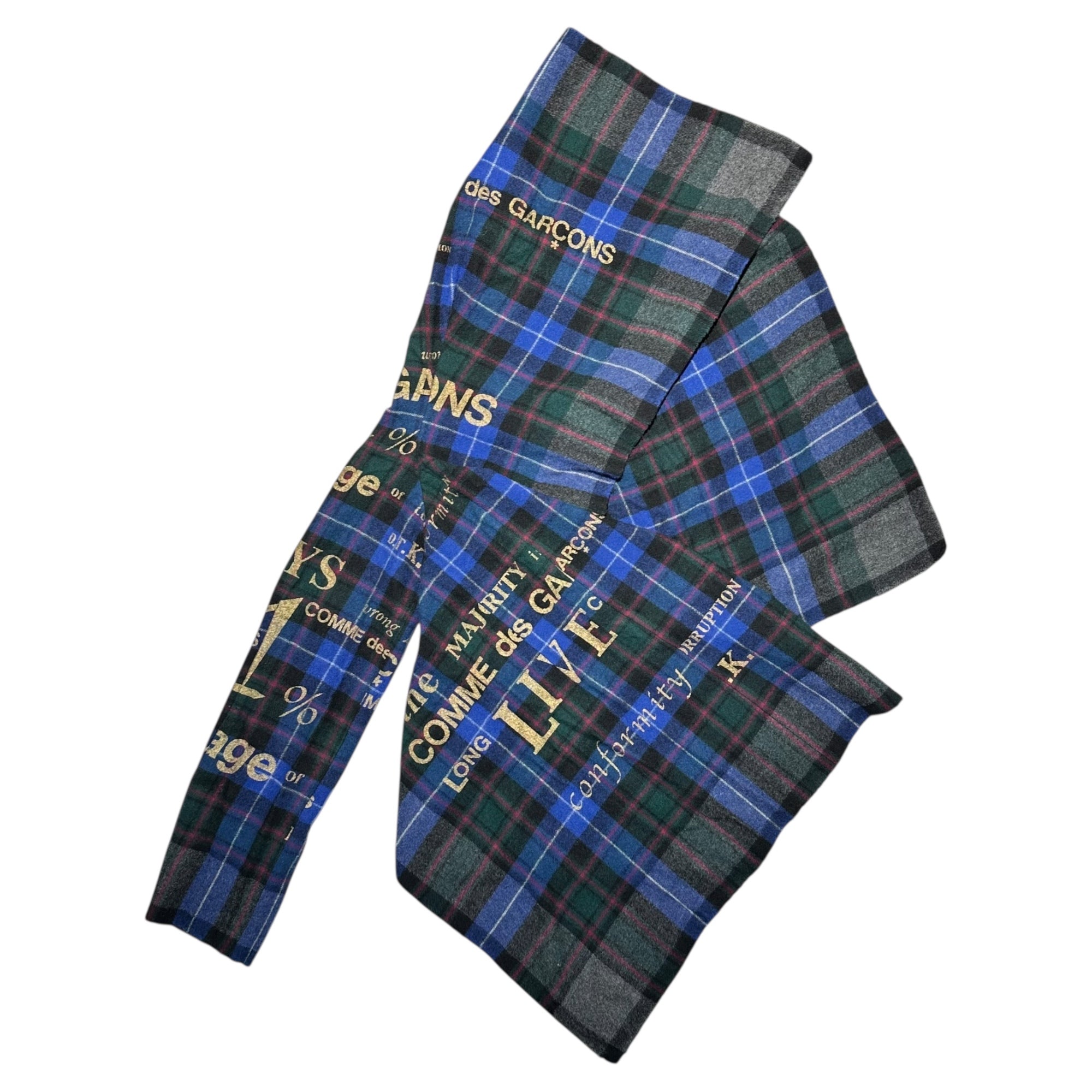 COMME des GARCONS(コムデギャルソン) 03AW Brand logo printed wool asymmetrical check jacket ブランド ロゴ プリント ウール アシンメトリー チェック ジャケット GK-J070 FREE ブルー×グリーン×レッド AD2003