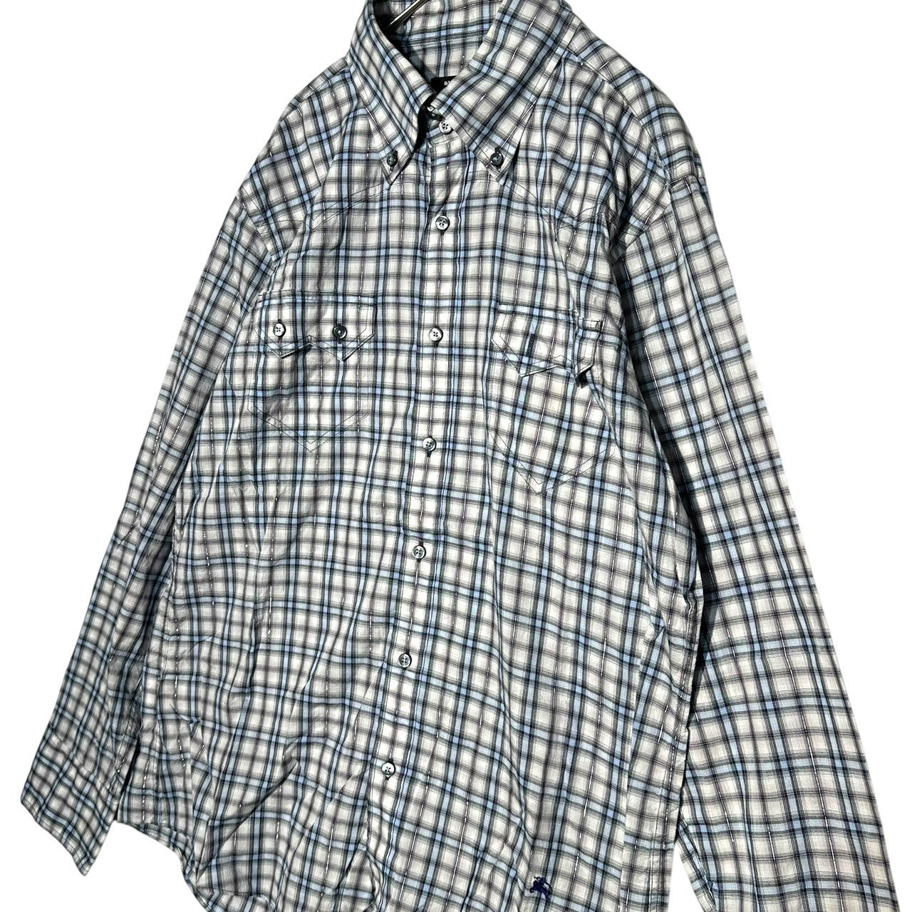 BURBERRY BLACK LABEL(バーバリーブラックレーベル) Tartan Check Horse Logo Embroidered Western Shirt タータンチェック ホース ロゴ 刺繍 長袖 ウエスタン シャツ BMW89-406-23 3 グレー×スカイブルー