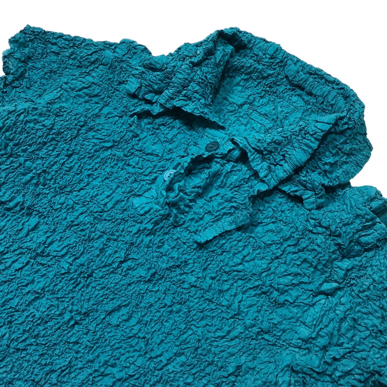 me ISSEY MIYAKE(ミーイッセイミヤケ) 16AW wrinkle pleated polo shirt シワ プリーツ ブラウス MI64FM209 -(FREE) ターコイズブルー リボン 半袖 ポロシャツ