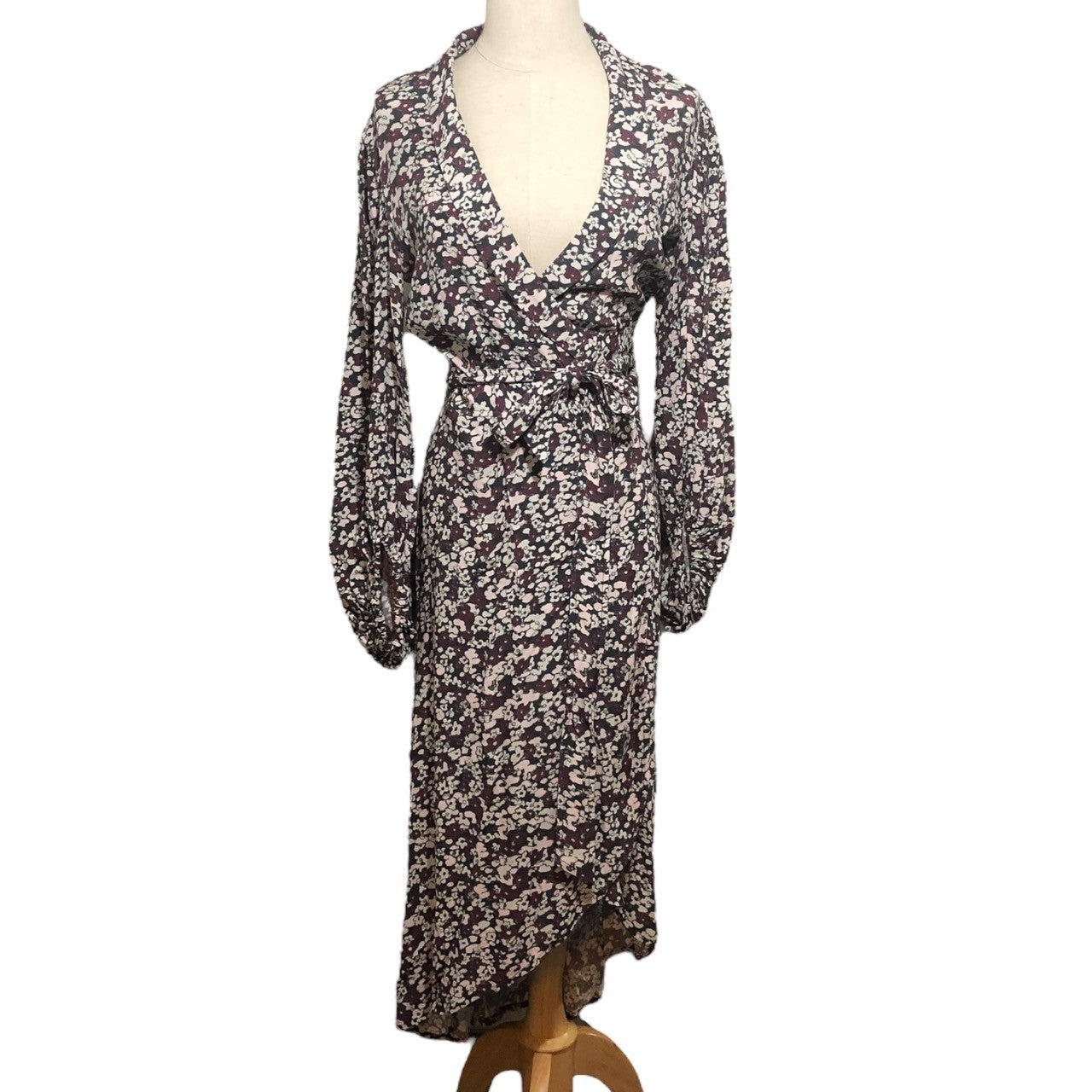 GANNI(ガニー) 小花柄 カシュクール ロング ワンピース パフスリーブ 1577-399-9084 34(XSサイズ程度) ブラック×ホワイト×ピンク