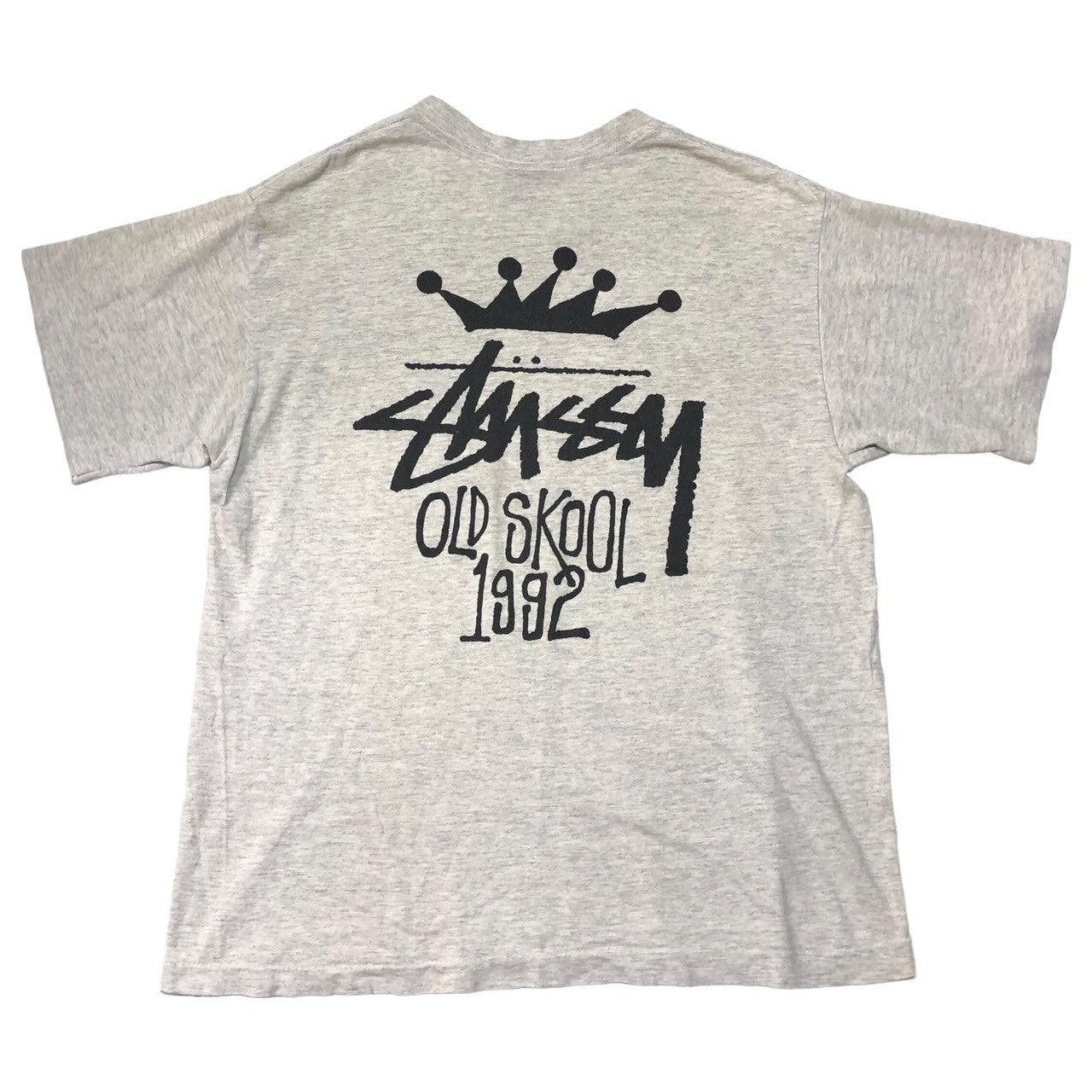 STUSSY(ステューシー) 90’s OLD SKOOL 1992 crown オールドスクール 王冠 Tシャツ 黒タグ SIZE L ライトグレー×ブラック 90年代 OLD STUSSY ショーンフォント