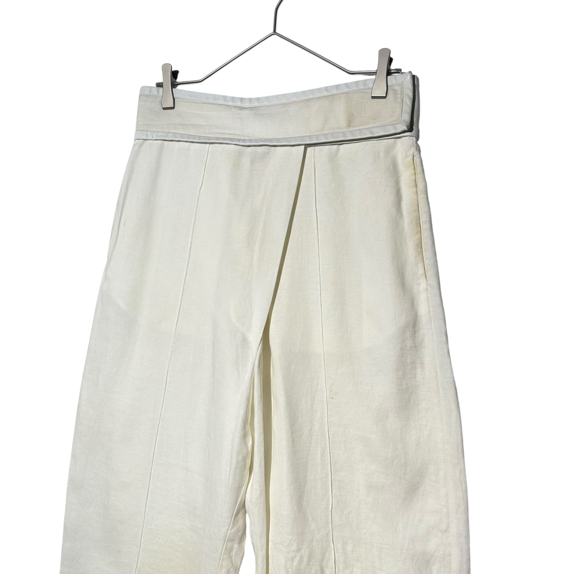 CELINE(セリーヌ) By PHOEBE Waistband Leather-Trimmed Linen Wide-Leg Pants フィービー期 ウエスト レザー 切替 リネン ワイド パンツ 21P32 40(L程度) オフホワイト アーカイブ