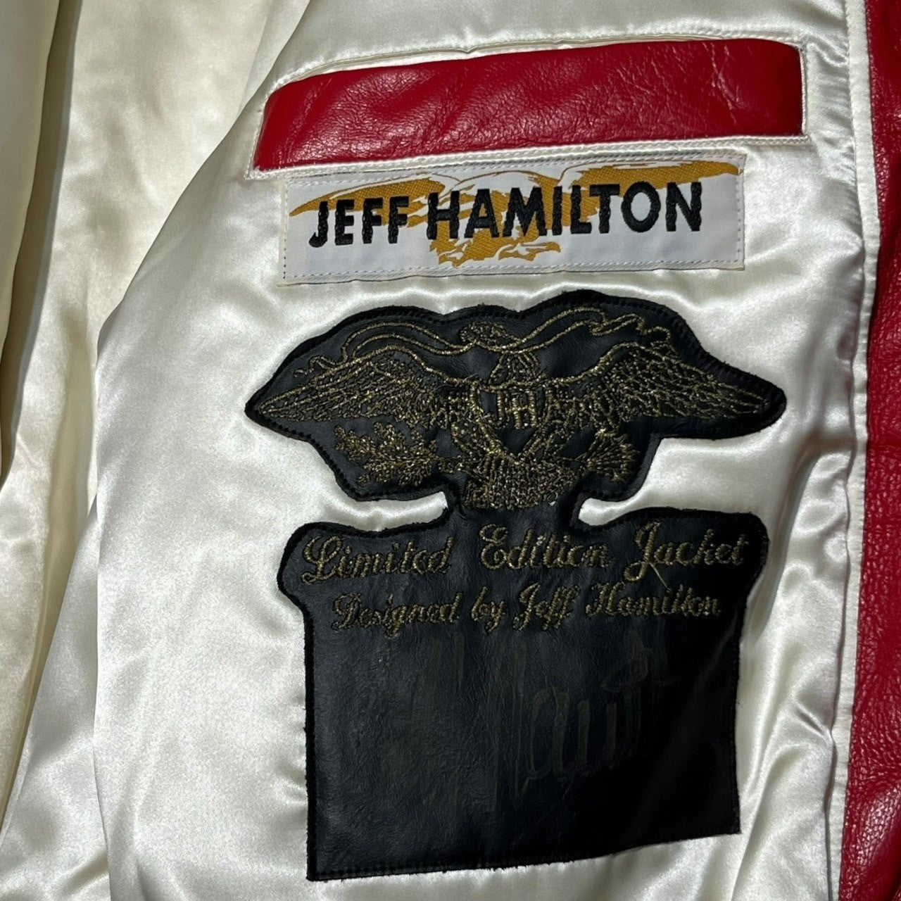 Jeff Hamilton(ジェフハミルトン) 1996 "NBA 50" BULLS Leather LIMITED EDITION JACKET ブルズ レザー スタジアム ジャケット L レッド×ホワイト 90's 90年代 スタジャン 90年代 マイケル ジョーダン ジェフハミルトンサイン入り