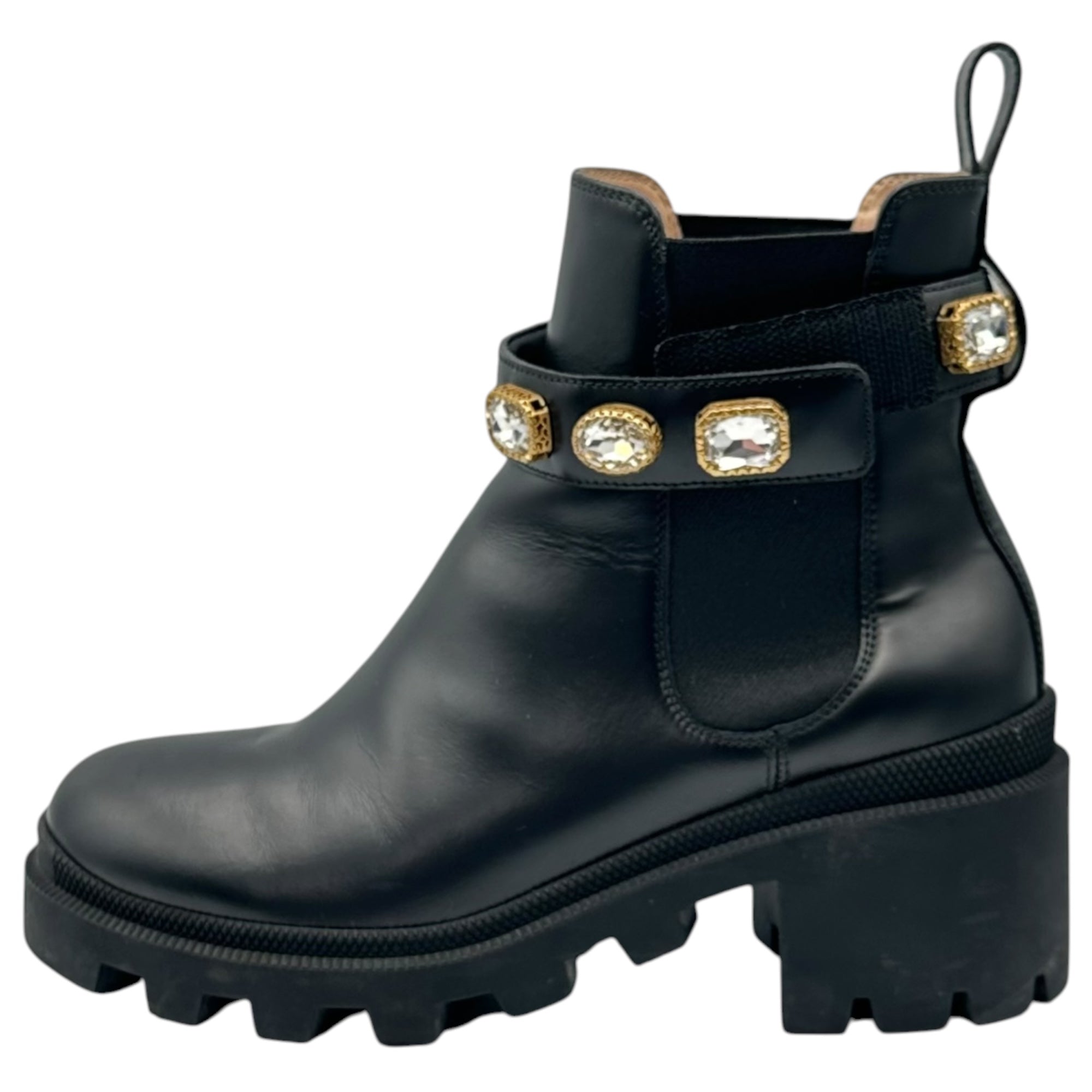 GUCCI(グッチ) Black Leather Ankle Boot With Belt GG マーモント クリスタル サイドゴア ブーツ 550036 37(24cm程度) ブラック