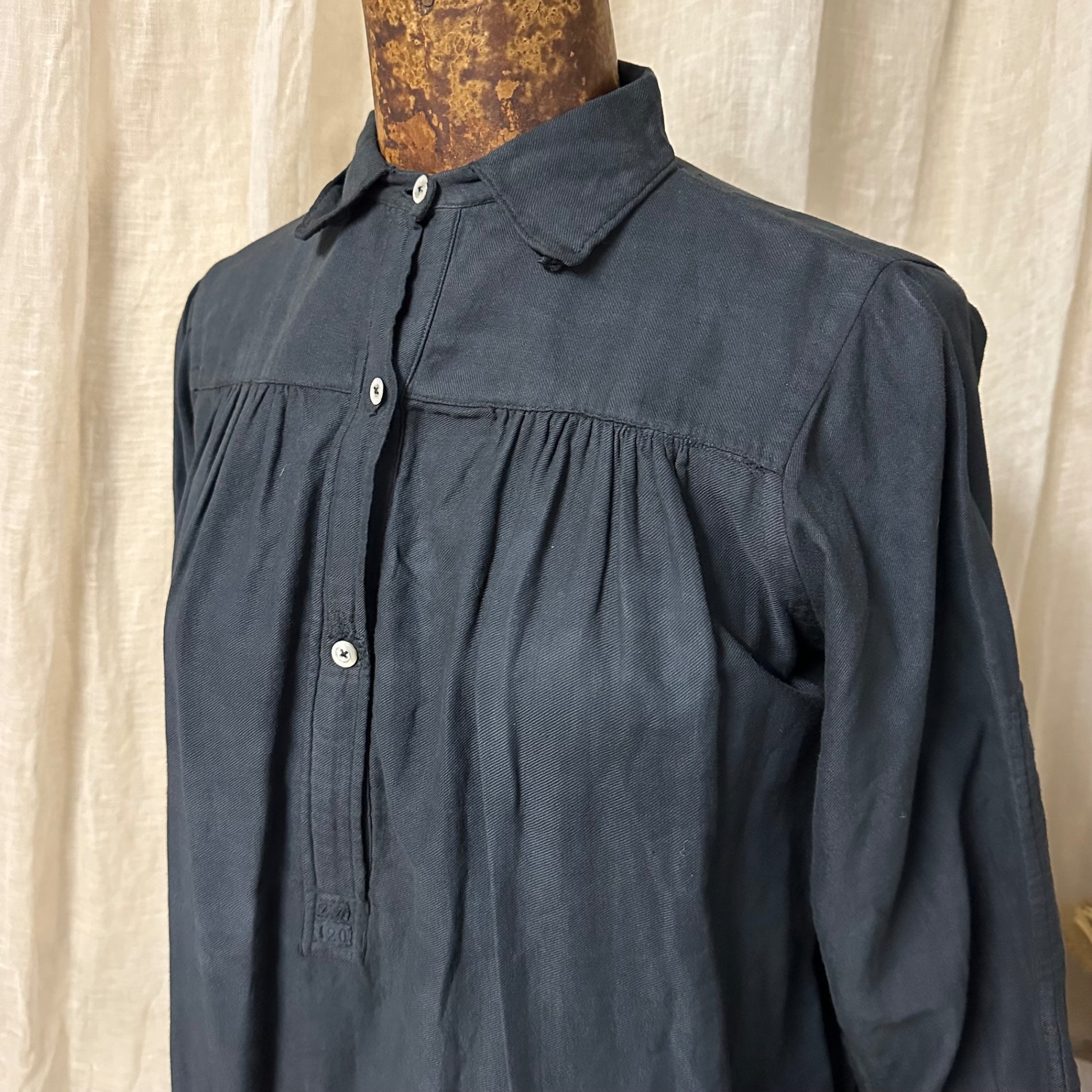 Euro Vintage(ヨーロッパヴィンテージ) Slowly_20's cotton gathered shirt dress/コットンギャザーシャツワンピース 後染め加工リメイク 表記なし(Mサイズ程度) ブラック