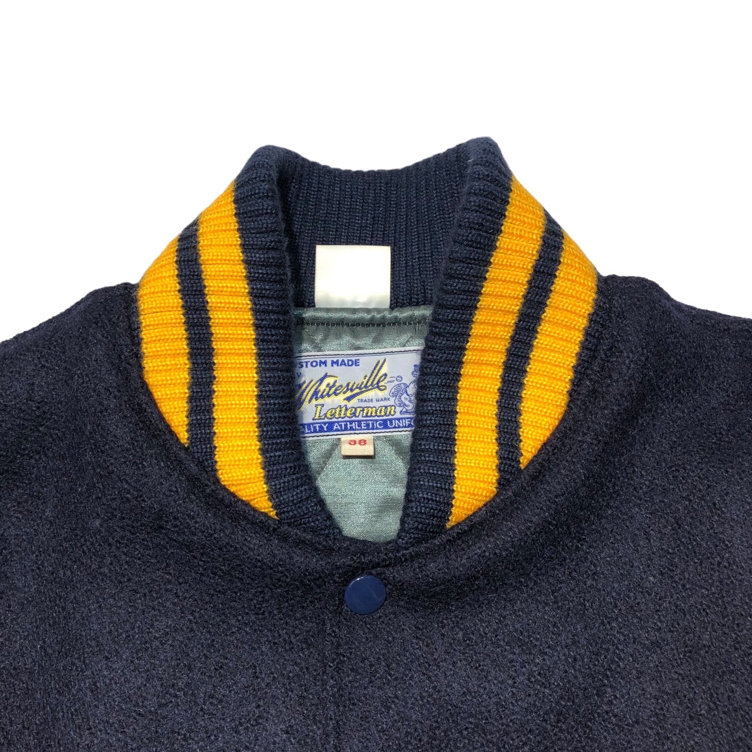 WHITESVILLE(ホワイツビル) "UCLA" wool melton award jacket ウール メルトン アワード ジャケット WV13986 38(M程度) ネイビー×イエロー スタジャン レザー 本革 東洋エンタープライズ