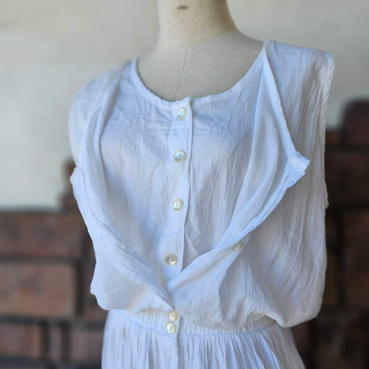 VINTAGE(ヴィンテージ) 70's double cloth nonsleeve onepiece with big pocket ポケット付き二重生地のノースリーブワンピース M~L程度 ホワイト