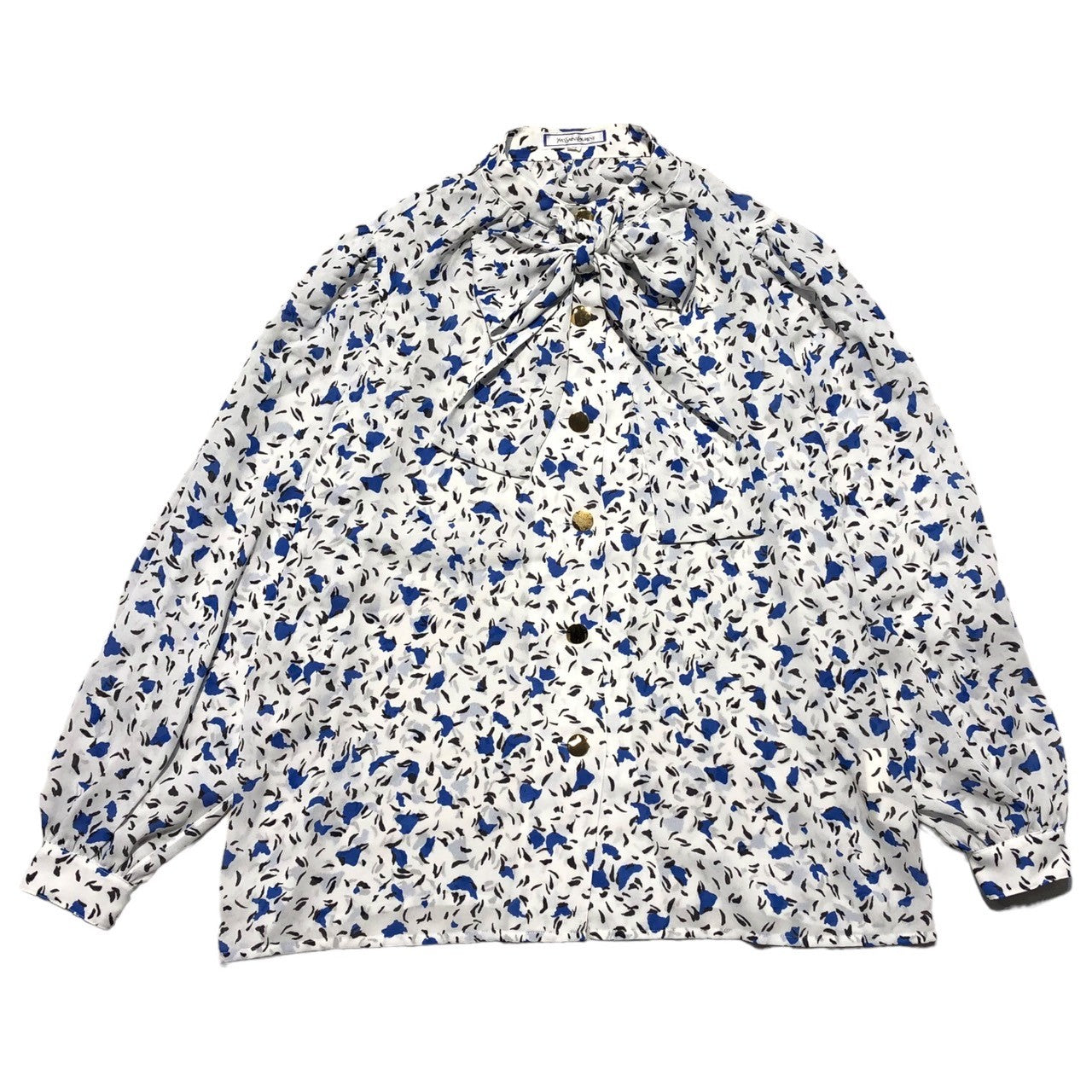 YVES SAINT LAURENT(イヴサンローラン) 90's All-over pattern bowtie shirt blouse 総柄 ボウタイ シャツ ブラウス HT564-018 M ホワイト×ブルー ヴィンテージ 長袖