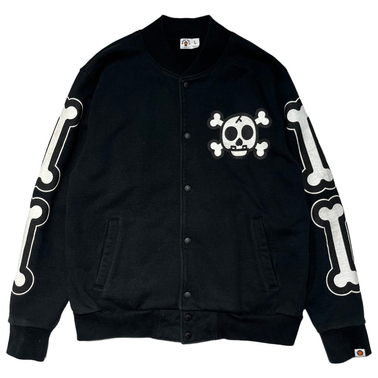 A BATHING APE(アベイシングエイプ) 00's ” BABY MILO” skull print sweat stadium jacket  スカル プリント スウェット スタジャン L ブラック ブルゾン ジャケット クロボーン