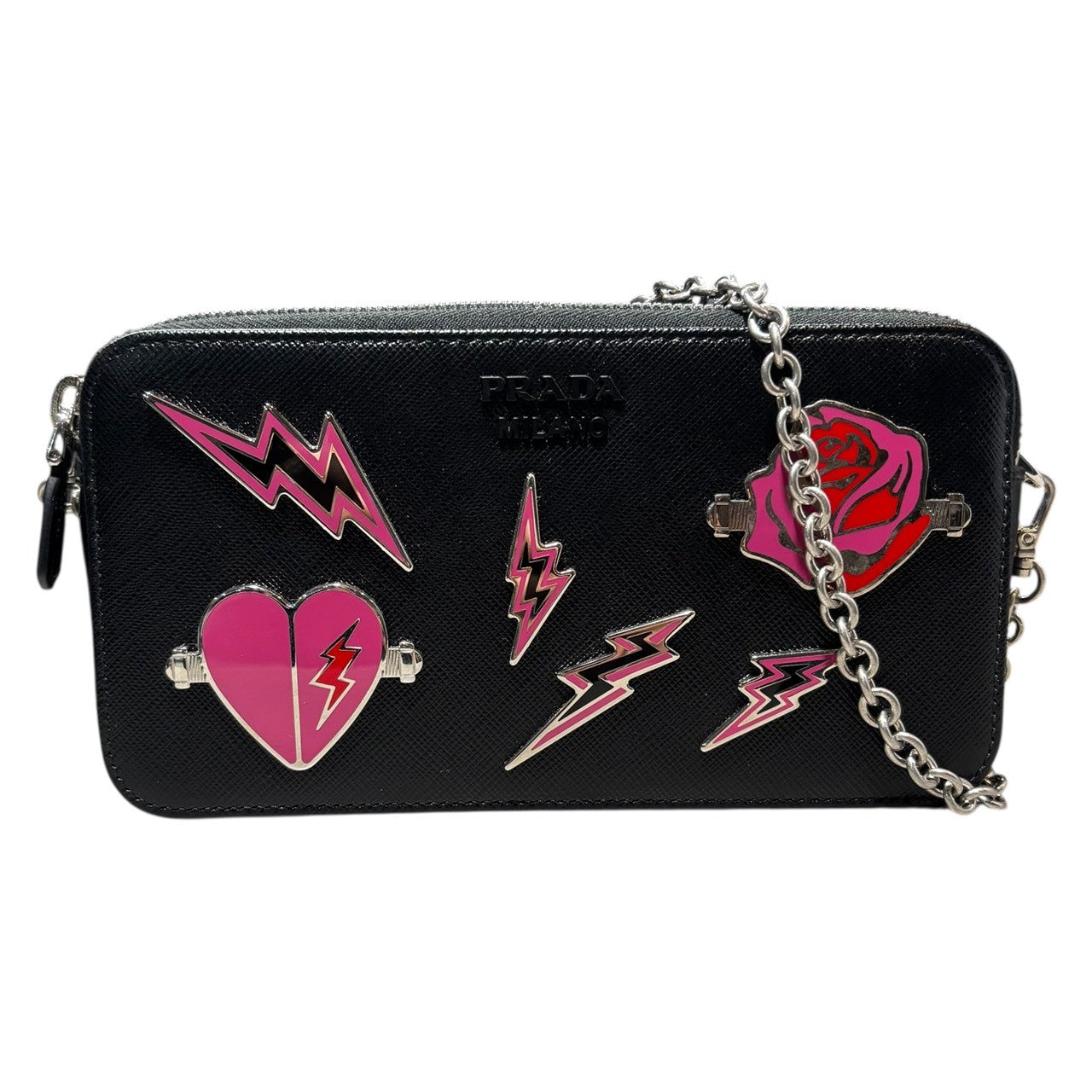 PRADA(プラダ) Metal appliqué saffiano chain shoulder bag メタルアップリケ サフィアーノ チェーン ショルダーバッグ 1DH010 ブラック×ピンク ギャランティカード付属 2DAZ SAFFIANO SMALTO レザー ロゴ