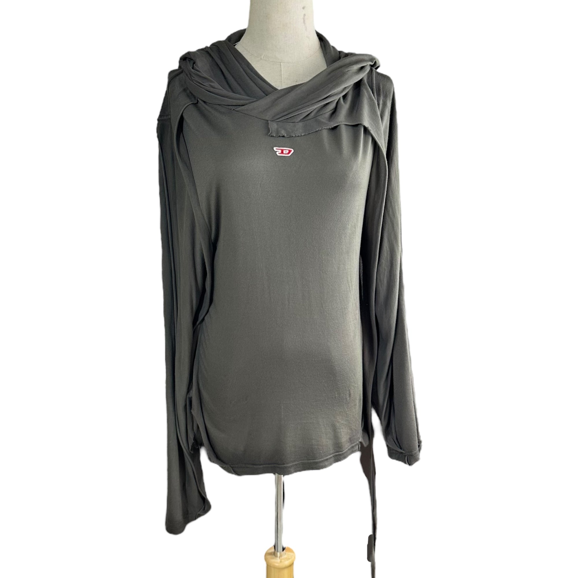 DIESEL(ディーゼル) 24AW T-AGO Destroyed hooded top in layered jersey デストロイ パーカー M グレー カットーソー 薄手