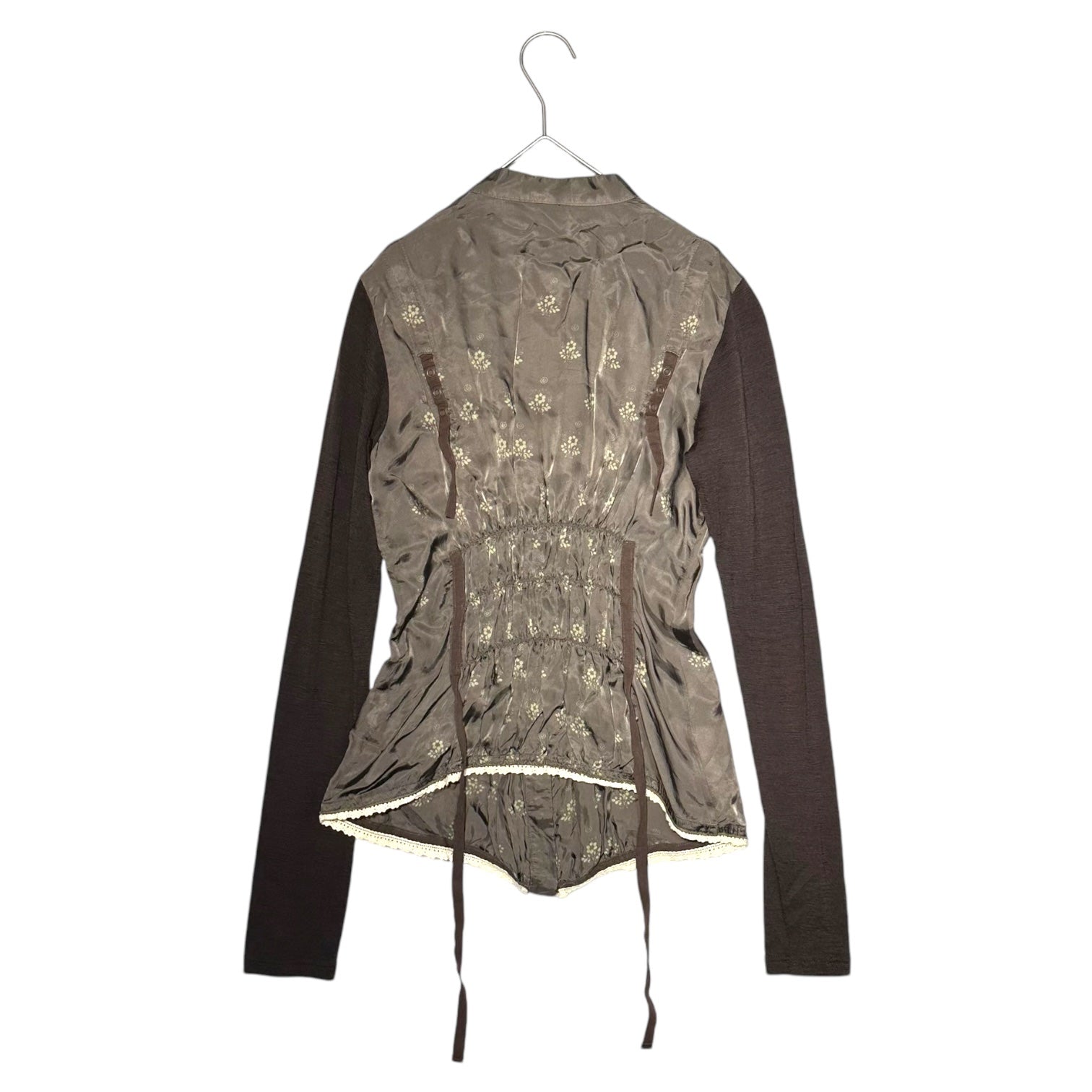 MARITHE FRANCOIS GIRBAUD(マリテフランソワジルボー) 00's Gathered Knit Sleeve Cupra Blouse ギャザー ニットスリーブ キュプラ シャツ ブラウス F7-5909 M ブラウン Y2K