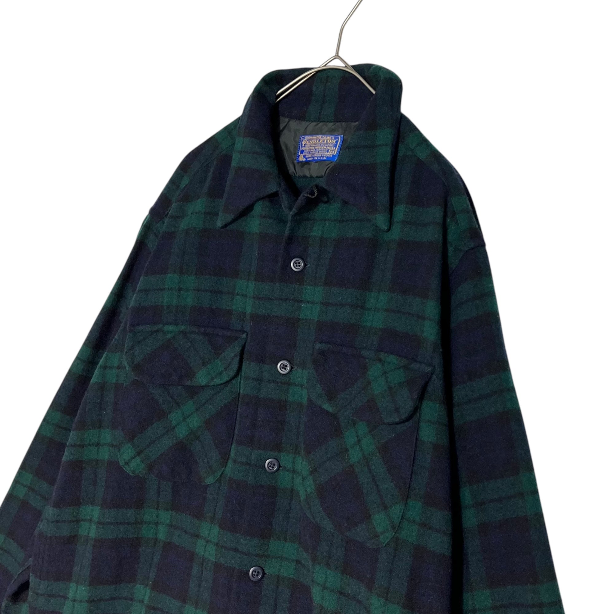 PENDLETON(ペンドルトン) 70's USA made Tartan check open collar wool shirt タータンチェック オープンカラー ウール シャツ M ネイビー×グリーン USA製 70年代 ヴィンテージ