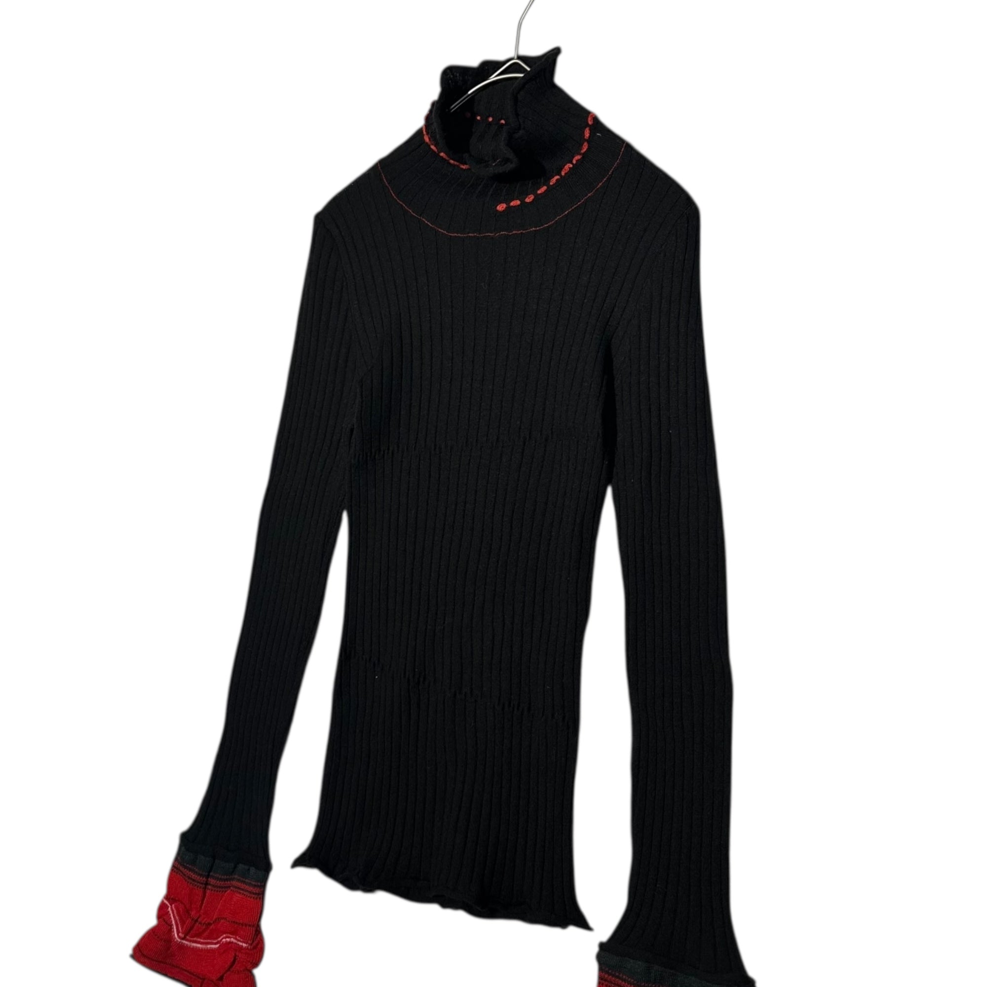 MARITHE FRANCOIS GIRBAUD(マリテフランソワジルボー) 00's Turtleneck Bell Sleeve Rib Knit タートルネック ベル スリーブ リブ ニット F7-8139 S ブラック×レッド Y2K