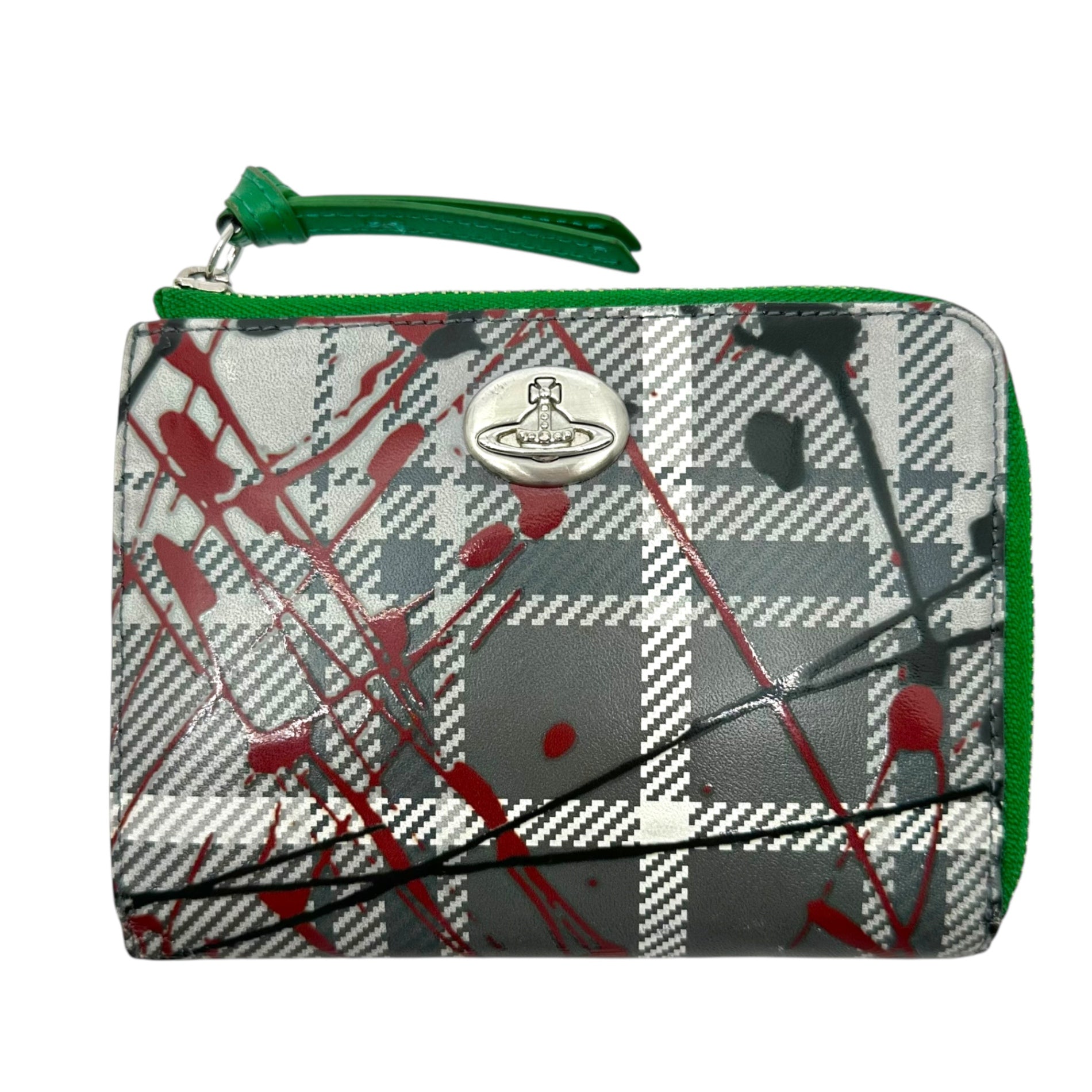 Vivienne Westwood(ヴィヴィアンウエストウッド) 00's Orb Logo Tartan Check Paint Zip Wallet オーブロゴ タータンチェック ペンキ ジップ ウォレット 3X18BL41 グレー×グリーン 財布 折り財布