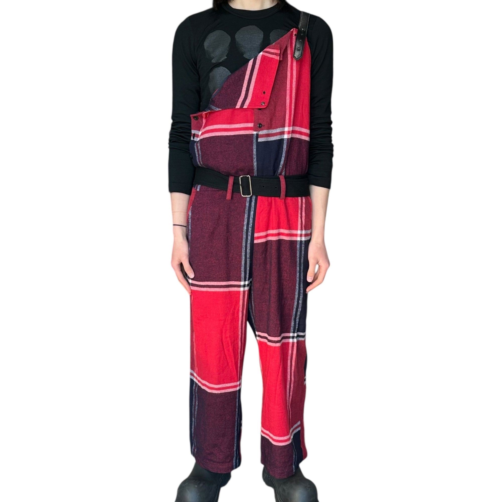 Y's(ワイズ) Leather Shoulder Check Linen Wool Overalls レザー ショルダー チェック リネン ウール オーバーオール YU-D09-139 2(M程度) レッド×ネイビー 男性着用可能サイズ