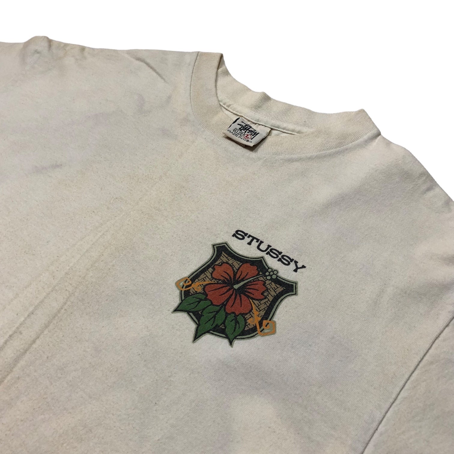 STUSSY(ステューシー) 90's VINTAGE hibiscus ハイビスカス Tシャツ 白タグ SIZE L アイボリー USA製 90年代 OLD STUSSY