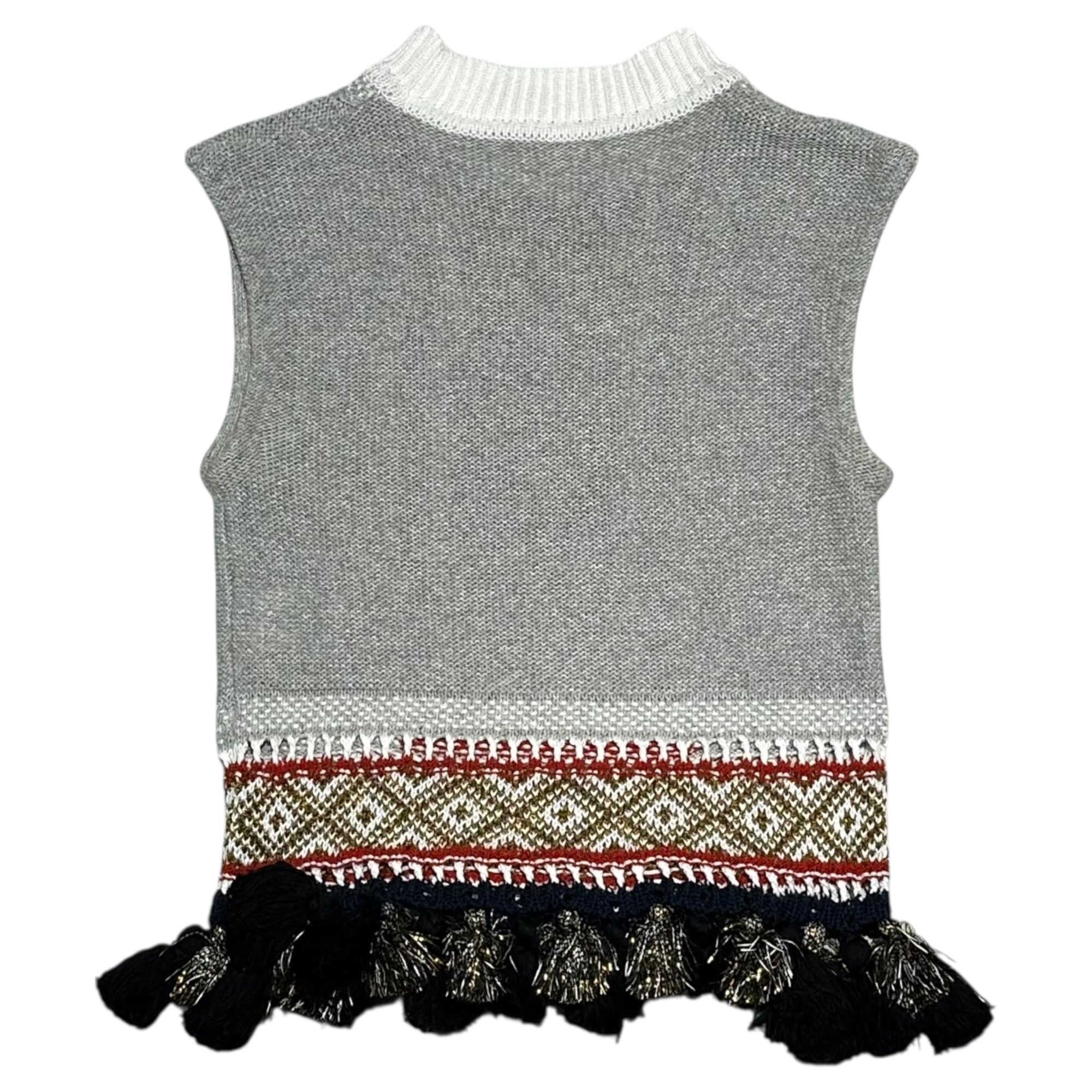 mame kurogouchi(マメクロゴウチ) 18SS Ethnic Pattern Sleeveless Fringe Knit エスニック柄 ノースリーブ フリンジ ニット MM18SS-KN053 1 グレー×レッド ベスト