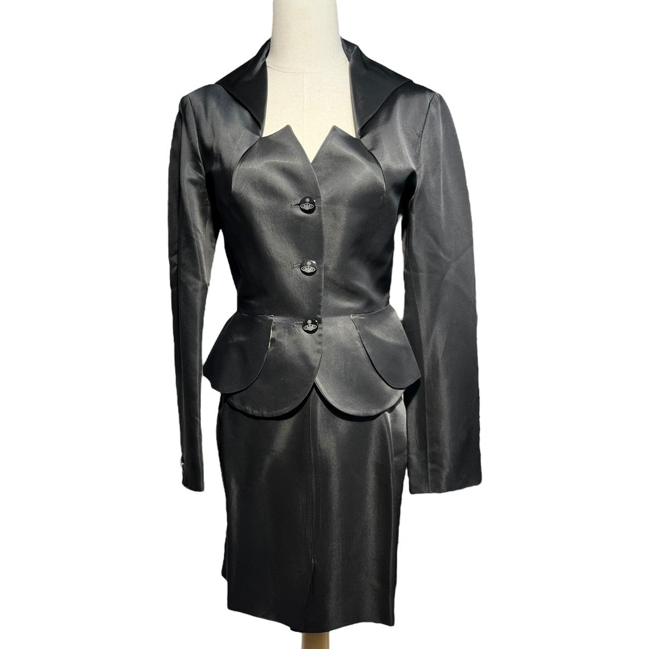 Vivienne Westwood RED LABEL(ヴィヴィアンウエストウッドレッドレーベル) 90's ~ 00's Orb Button Satin Design Color 3B Jacket Skirt Setup オーブ ボタン サテン デザイン カラー 3B ジャケット スカート セットアップ 356-43083 40(L程度) ブラック アーカイブ ラブ