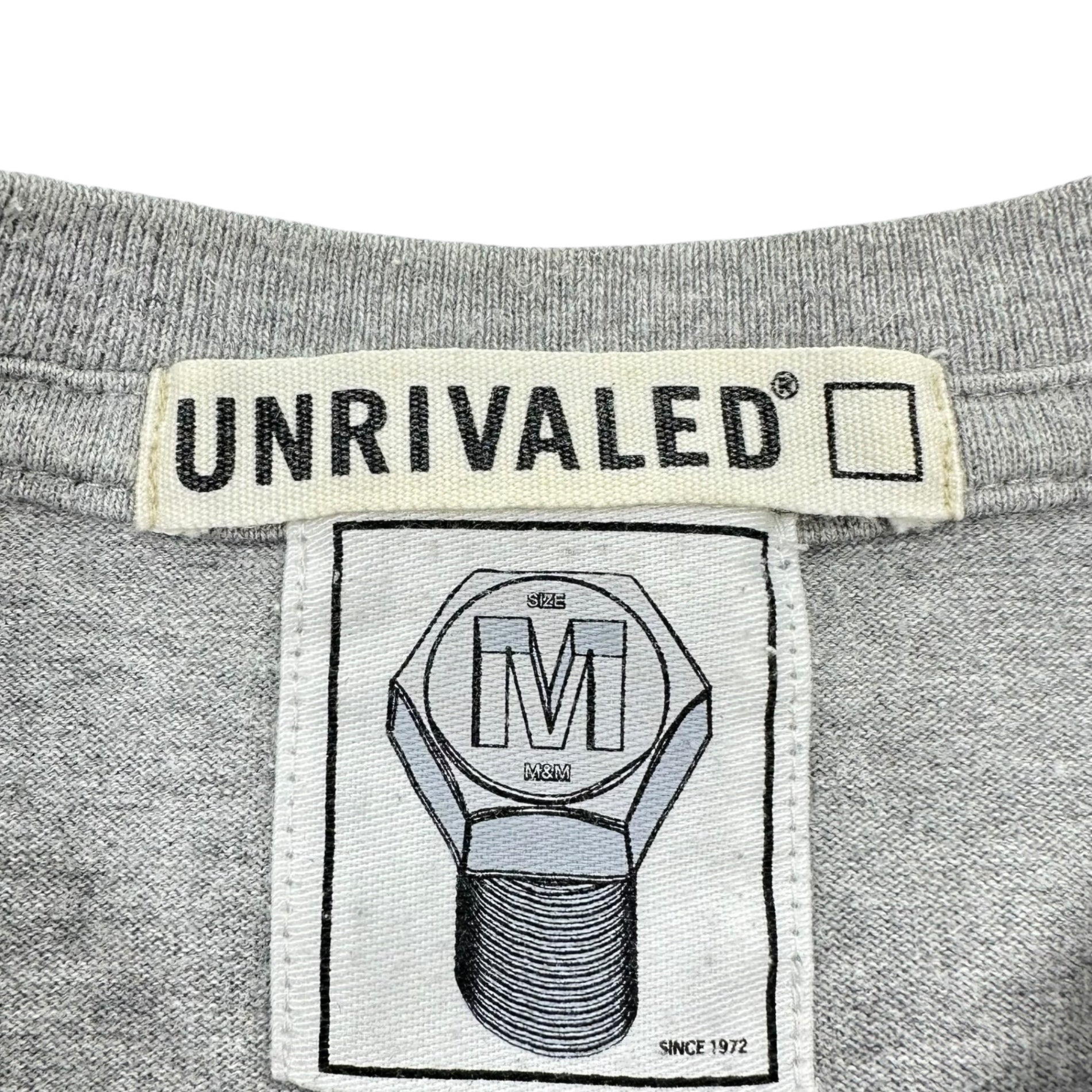 m&m CUSTOM PERFORMANCE × UNRIVALED(エムアンドエム × アンライバルド) Chest Logo Backster Crewneck T-Shirt 胸ロゴ バックスター クルーネック Tシャツ M グレー×ブラック