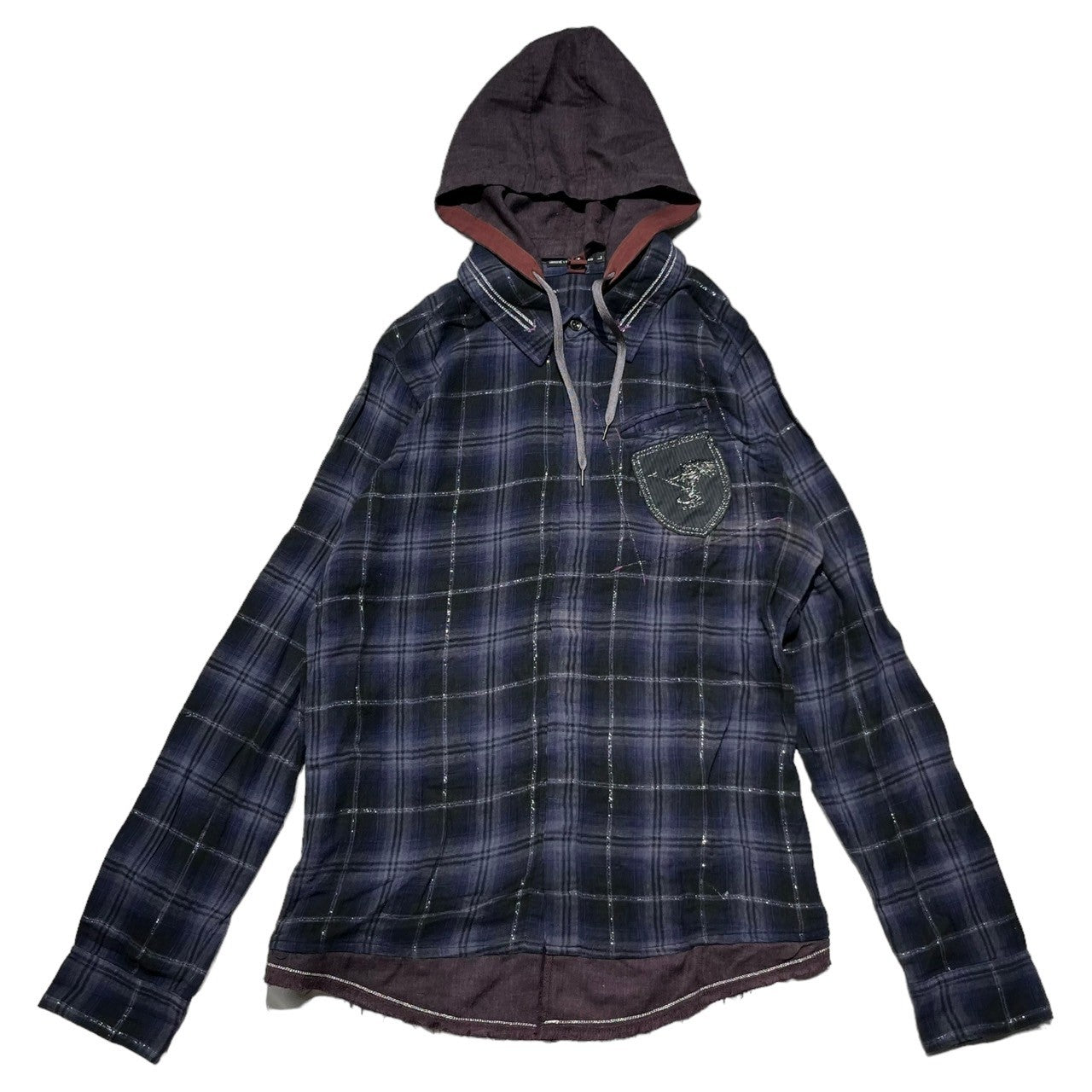MARITHE FRANCOIS GIRBAUD(マリテフランソワジルボー) 00’sフーデットチェックネルシャツ/フード着脱可/ドッキング/リメイク加工 M7-5207 L Y2K