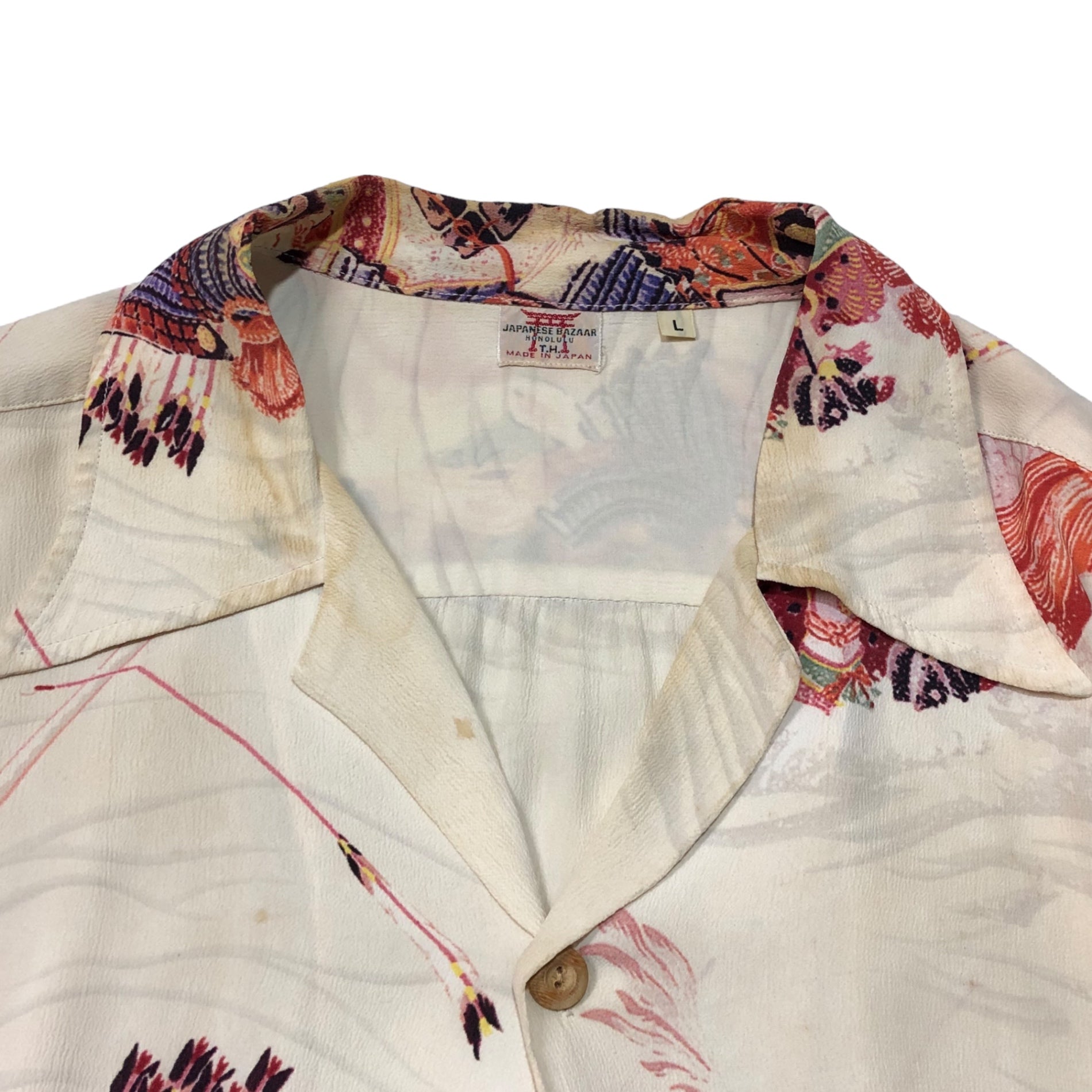 SUN SURF(サンサーフ東洋) RAYON S/S SPECIAL EDITION JAPANESE BAZAAR"YOSHITUNE" レーヨン アロハ シャツ SS35068 L アイボリー 義経 武将 馬 戦国