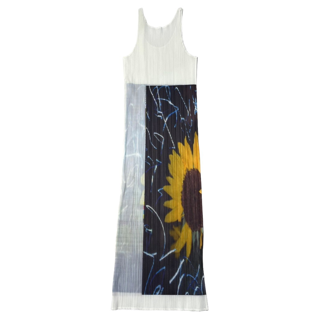 PLEATS PLEASE(プリーツプリーズ) 97SS Issey Miyake Guest Artist Series No.2 Nobuyoshi Araki on Pleats Please PP72-JH917 FREE ホワイト×イエロー ノースリーブ プリーツ ワンピース ドレス ひまわり 転写 荒木経惟 アラーキー