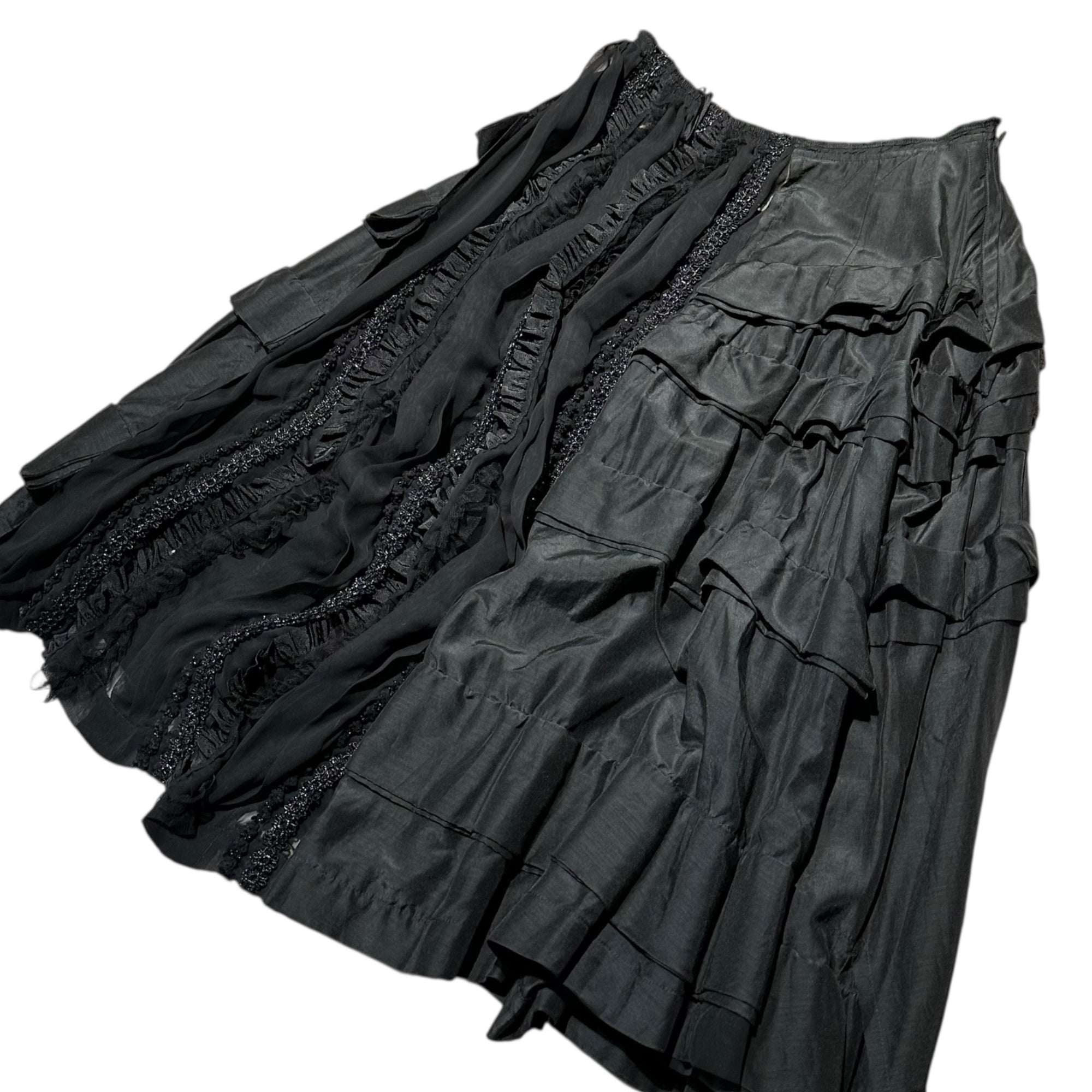 COMME des GARCONS(コムデギャルソン) Lace-embellished tiered skirt レース装飾 ティアード スカート S ブラック 品質表示タグ切取