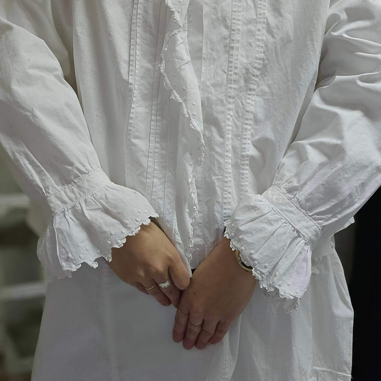 Euro Vintage(ヨーロッパヴィンテージ) Grain_20's ~french cotton clooney lace gathered blouse/フレンチコットン刺繍ギャザーブラウス 表記なし(Lサイズ程度) ホワイト