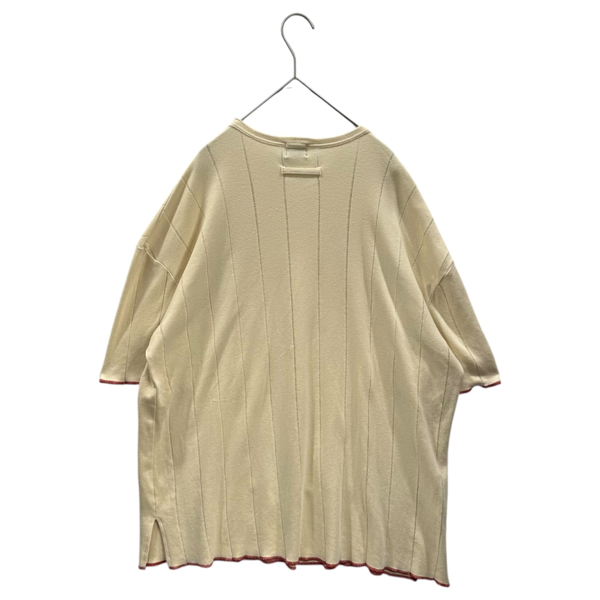 Jean Paul GAULTIER HOMME(ジャンポールゴルチエオム) 90's Front Design Stripe Weave Red Stitch Archive T-Shirt 90年代 フロント デザイン ストライプ 織り レッドステッチ アーカイブ Tシャツ 560-5.CTH.JG. 48(M~L) ベージュ×レッド ヴィンテージ