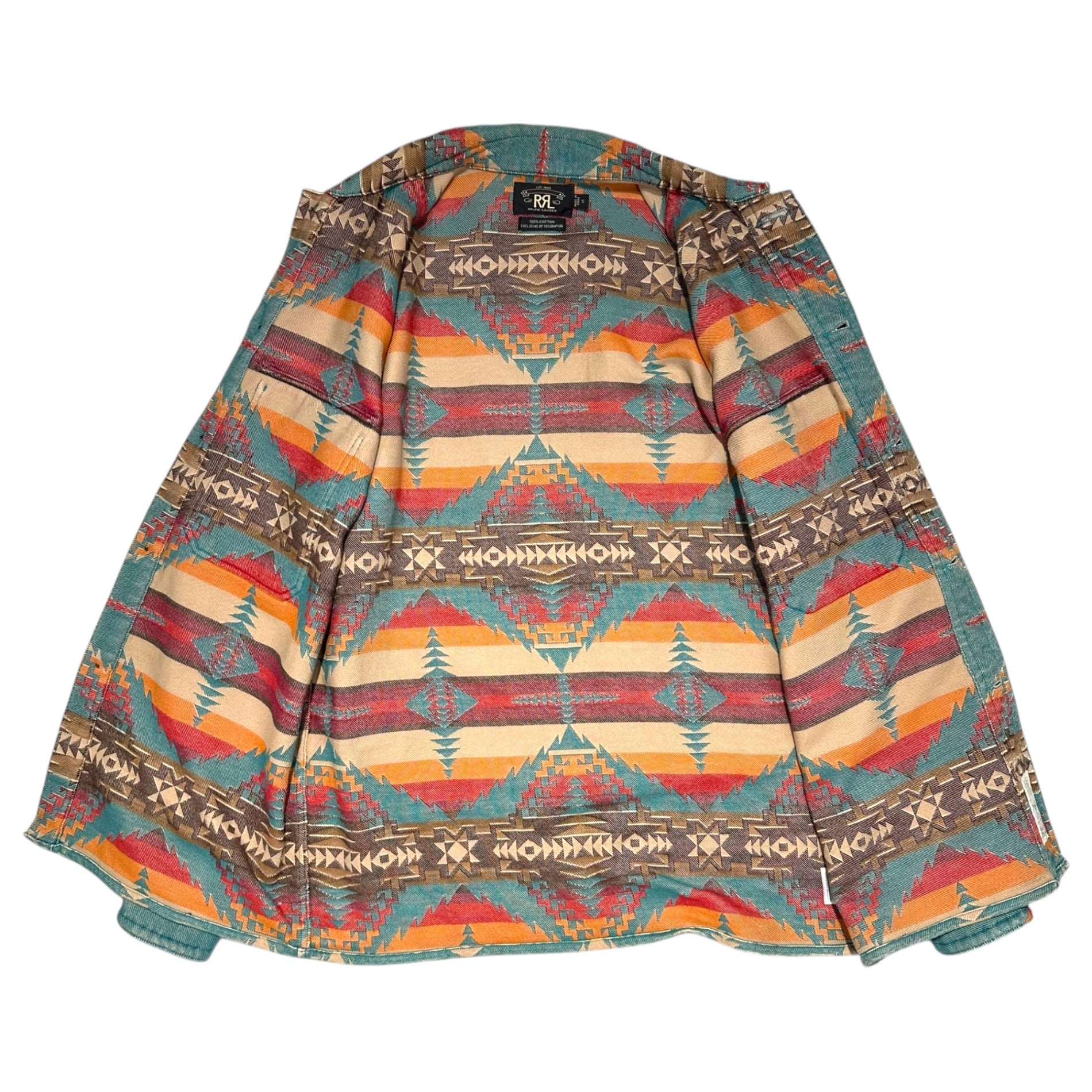 RRL(ダブルアールエル) NATIVE JACQUARD OVER SHIRT ネイティブ柄 コットン ジャガード エルボーパッチ シャツ ジャケット S ターコイズブルー×ブラウン