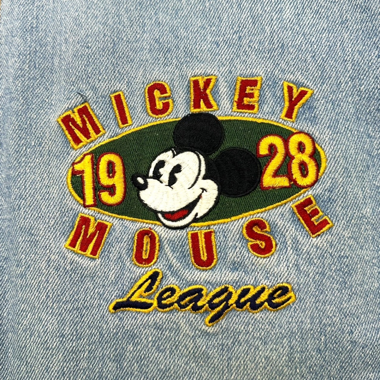 Disney(ディズニー) 90's "MICKEY MOUSE" Denim Stadium Jacket ミッキー デニム 切替 スタジャン 表記無(L程度) ライトインディゴ×カーキ 90年代 ヴィンテージ ジャケット ブルゾン 古着