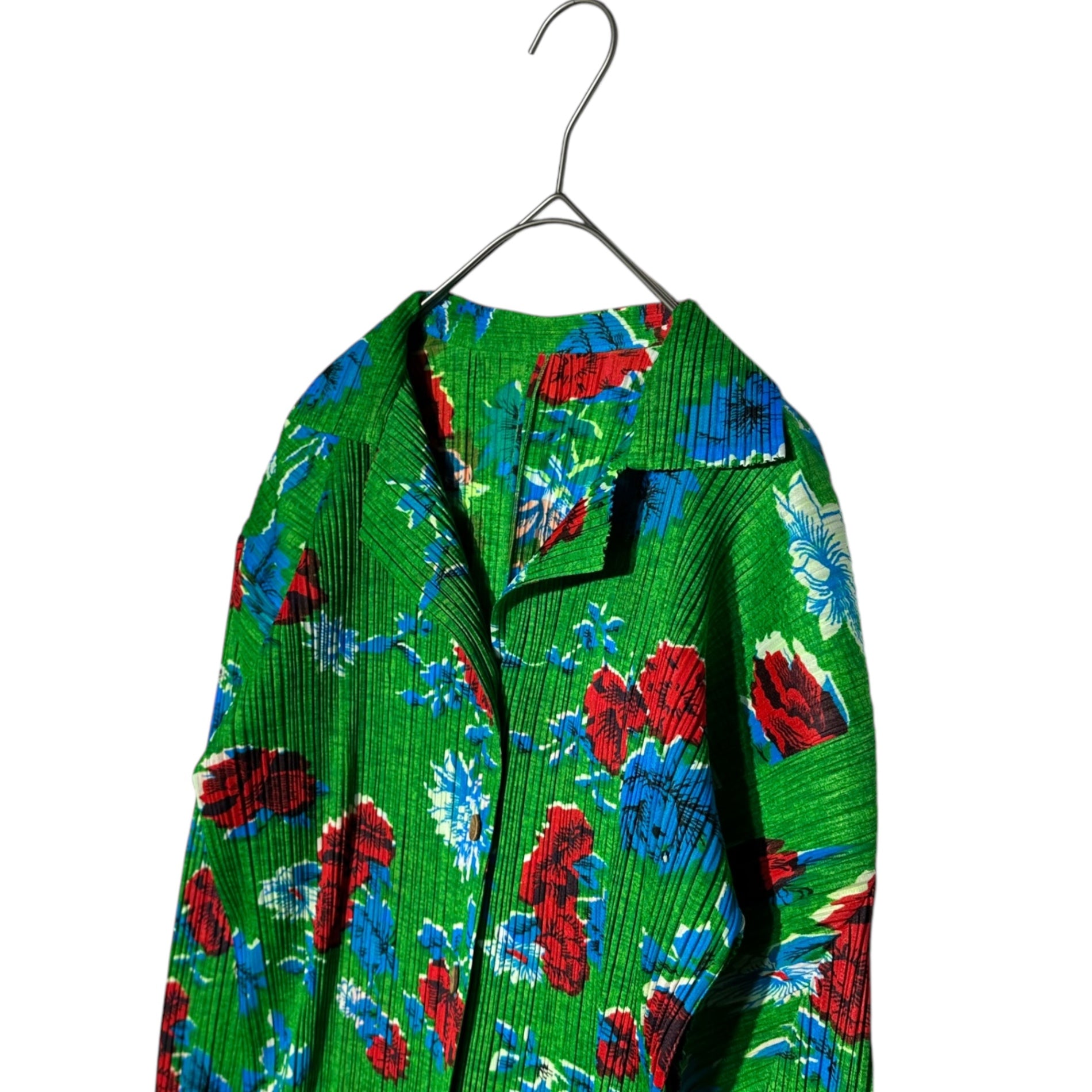 PLEATS PLEASE(プリーツプリーズ) Floral Pleated Long Sleeve Shirt 花柄 プリーツ 長袖 シャツ ブラウス PP72-JK524 3(L程度) グリーン×レッド ヴィンテージ 稀少品