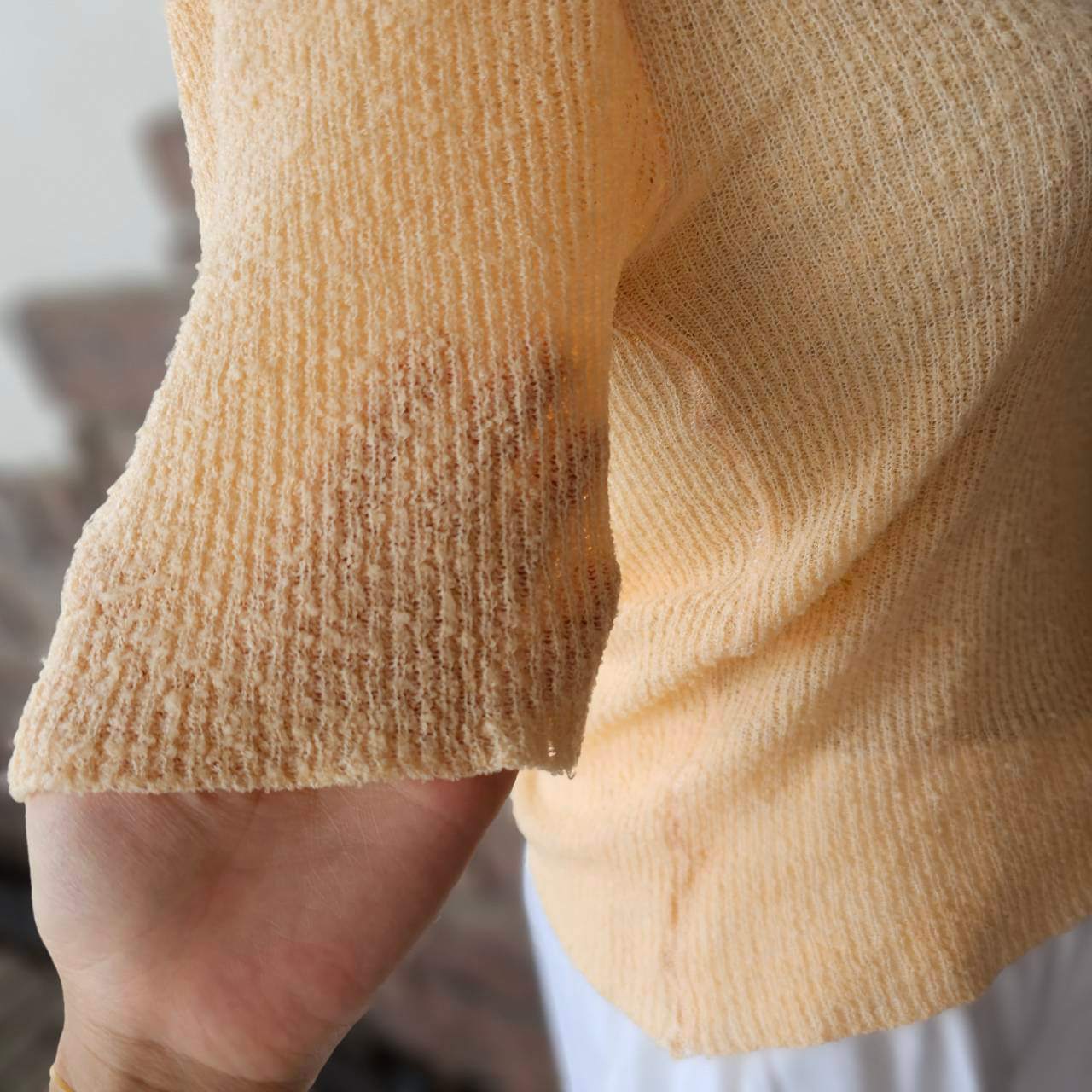 Euro vintage(ヨーロッパヴィンテージ) sherbet_70's pale orange red drawstring neckline knit top 淡いオレンジ赤の巾着ネックのニットトップス Mサイズ程度 レッド×オレンジ/アクリル