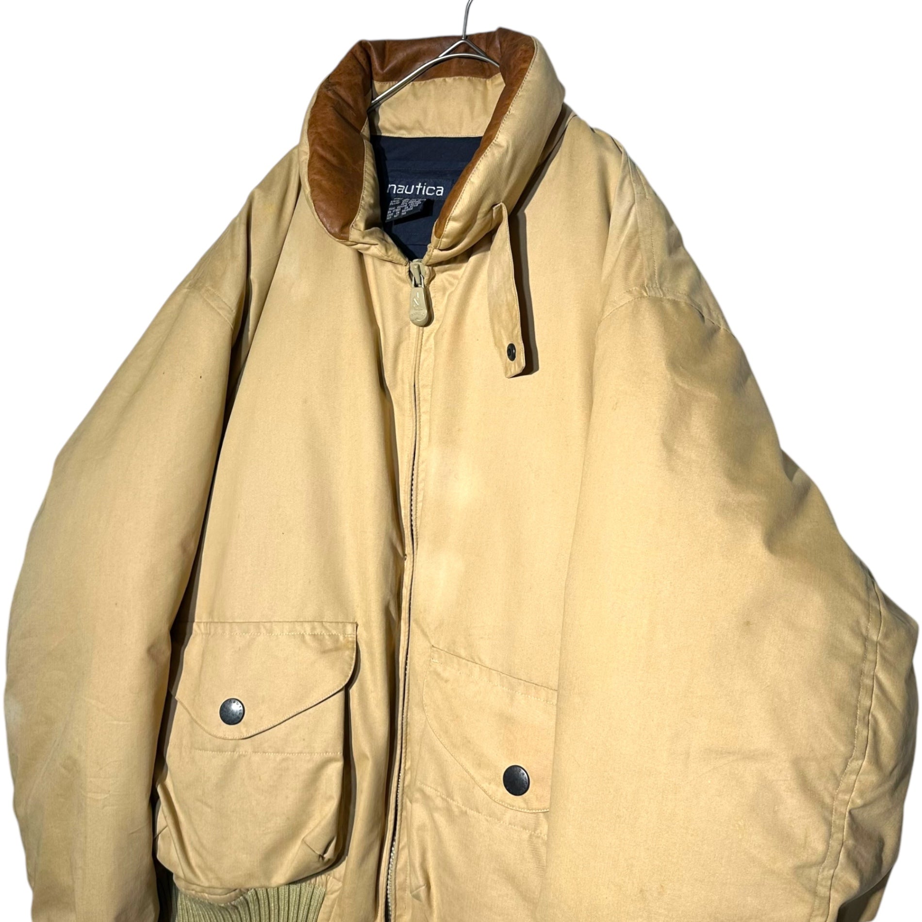 NAUTICA(ノーティカ) 90's Collar Leather Vintage Down Jacket 襟レザー ヴィンテージ ダウンジャケット XL ベージュ 90年代 ビッグサイズ 古着