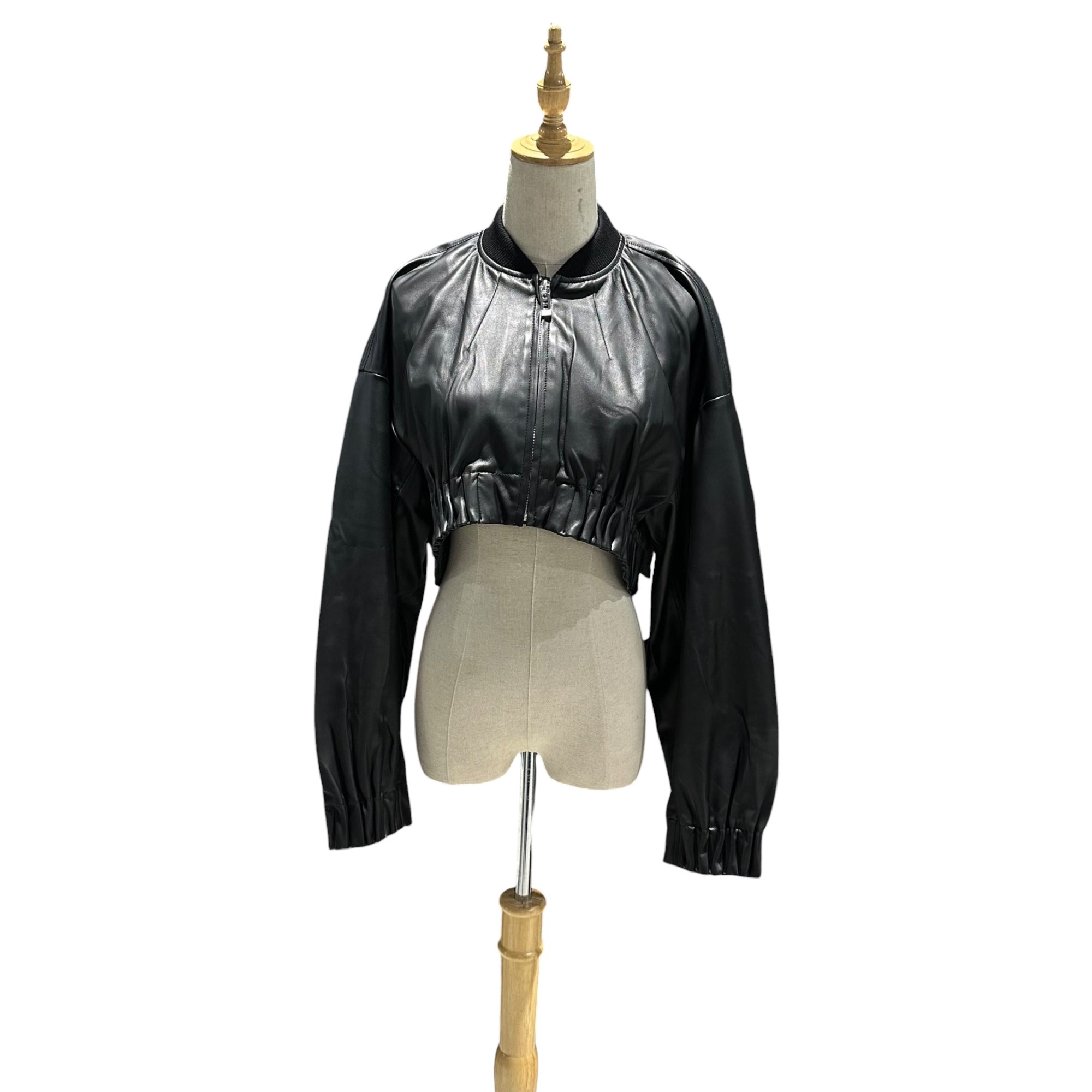 UN3D.(アンスリード) Pleated Gathered Short Blouson タック ギャザー ショート ブルゾン 522340102201-01 38 ブラック エコレザー ジャケット