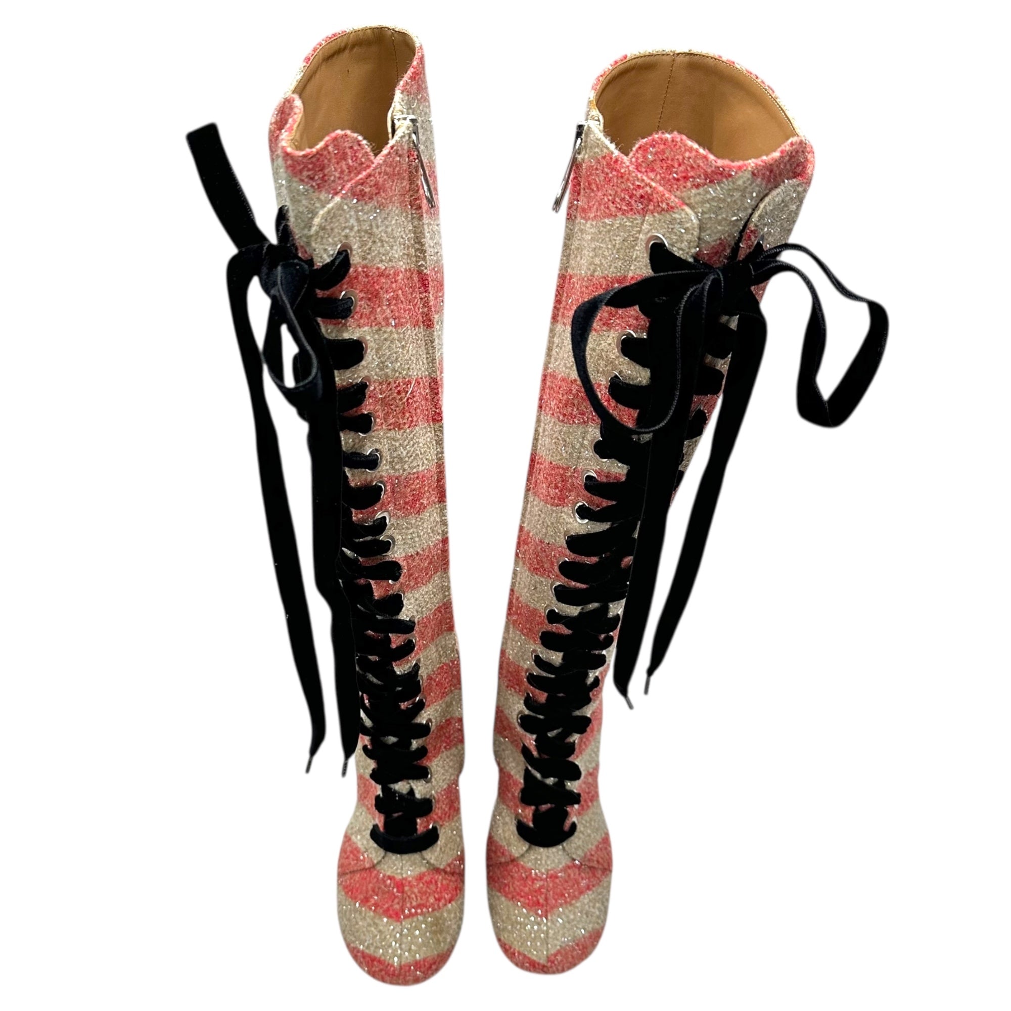 MAISON MARGIELA(メゾンマルジェラ) 17AW Lace-Up Tweed Long Boots レース アップ ツイード ロング ブーツ S58WW0045 37(23.5cm程度) レッド×ベージュ