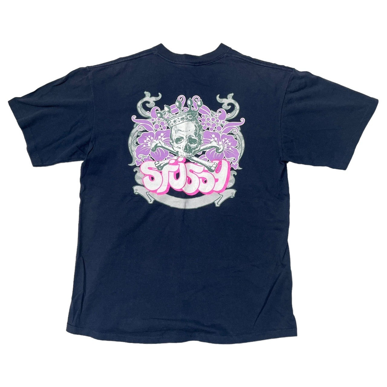 STUSSY(ステューシー) 90's~00's hibiscus crown skull ハイビスカス 王冠 スカル Tシャツ SIZE M  ネイビー×パープル×ピンク 90～00年代 OLD STUSSY