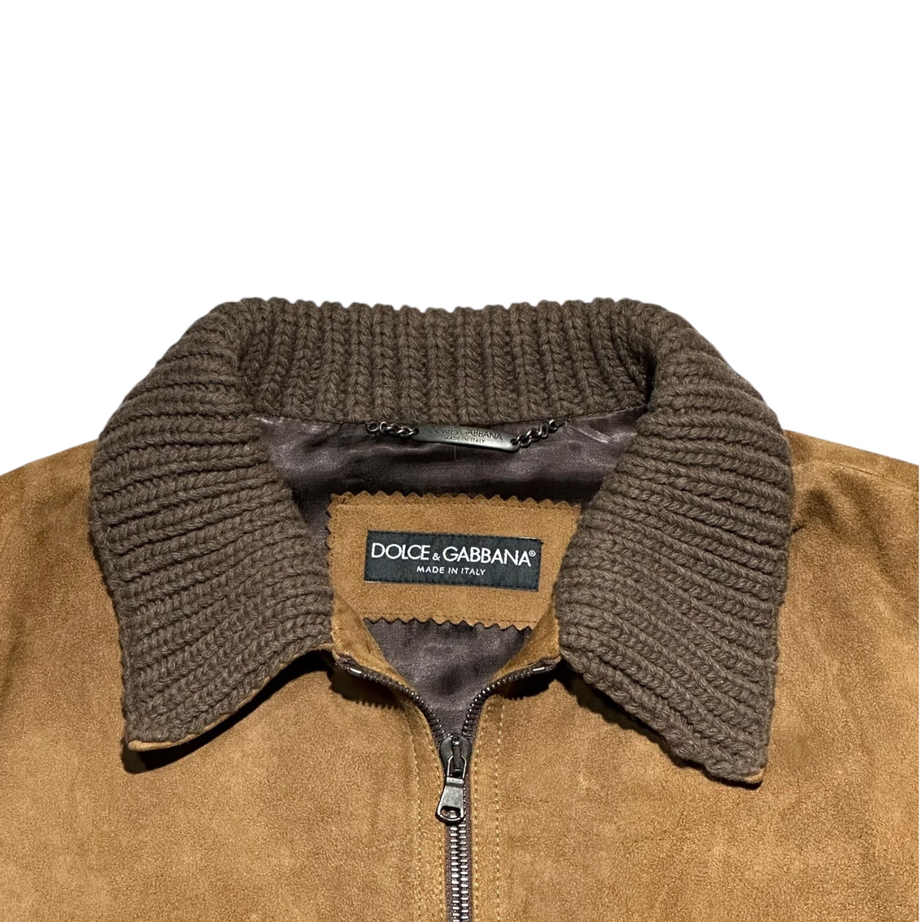 DOLCE&GABBANA(ドルチェ&ガッバーナドルガバ) Knit Sleeve Paneled Suede Leather Zip-Up Jacket ニットスリーブ 切替 スウェードレザー ジップアップ ジャケット G9Q40L 48(M程度) キャメル